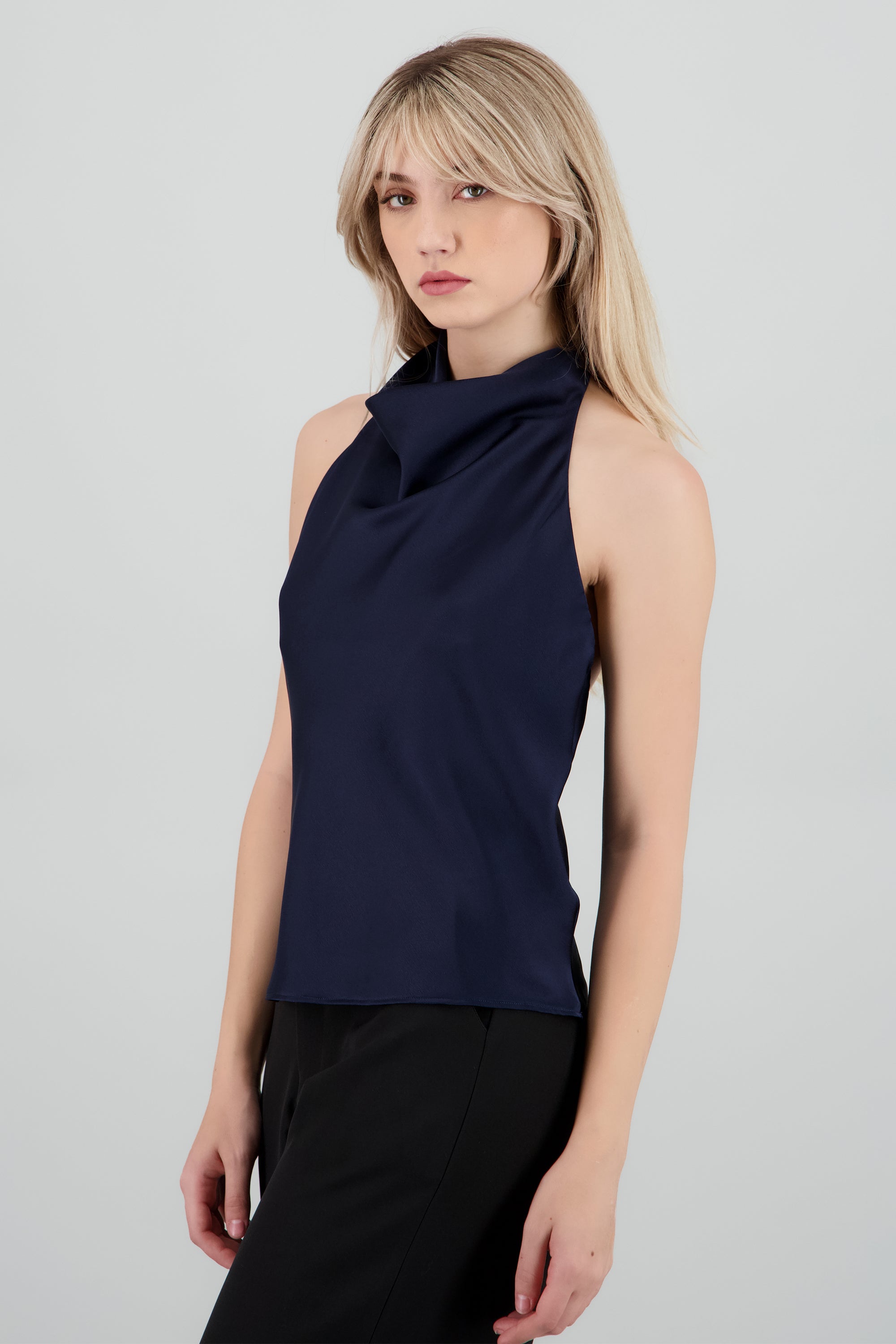 Top satin cuello cascada alto MARINO