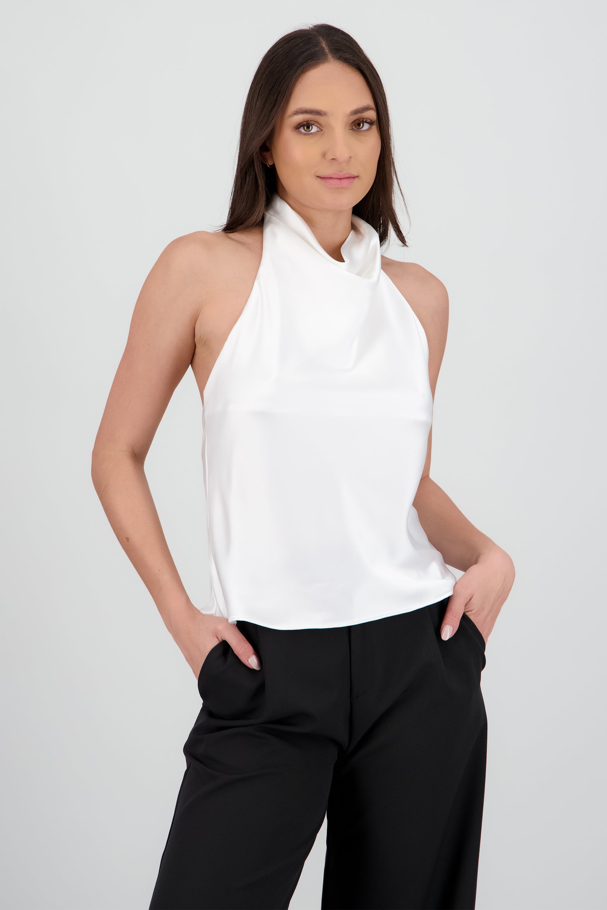 Top satin cuello cascada alto HUESO