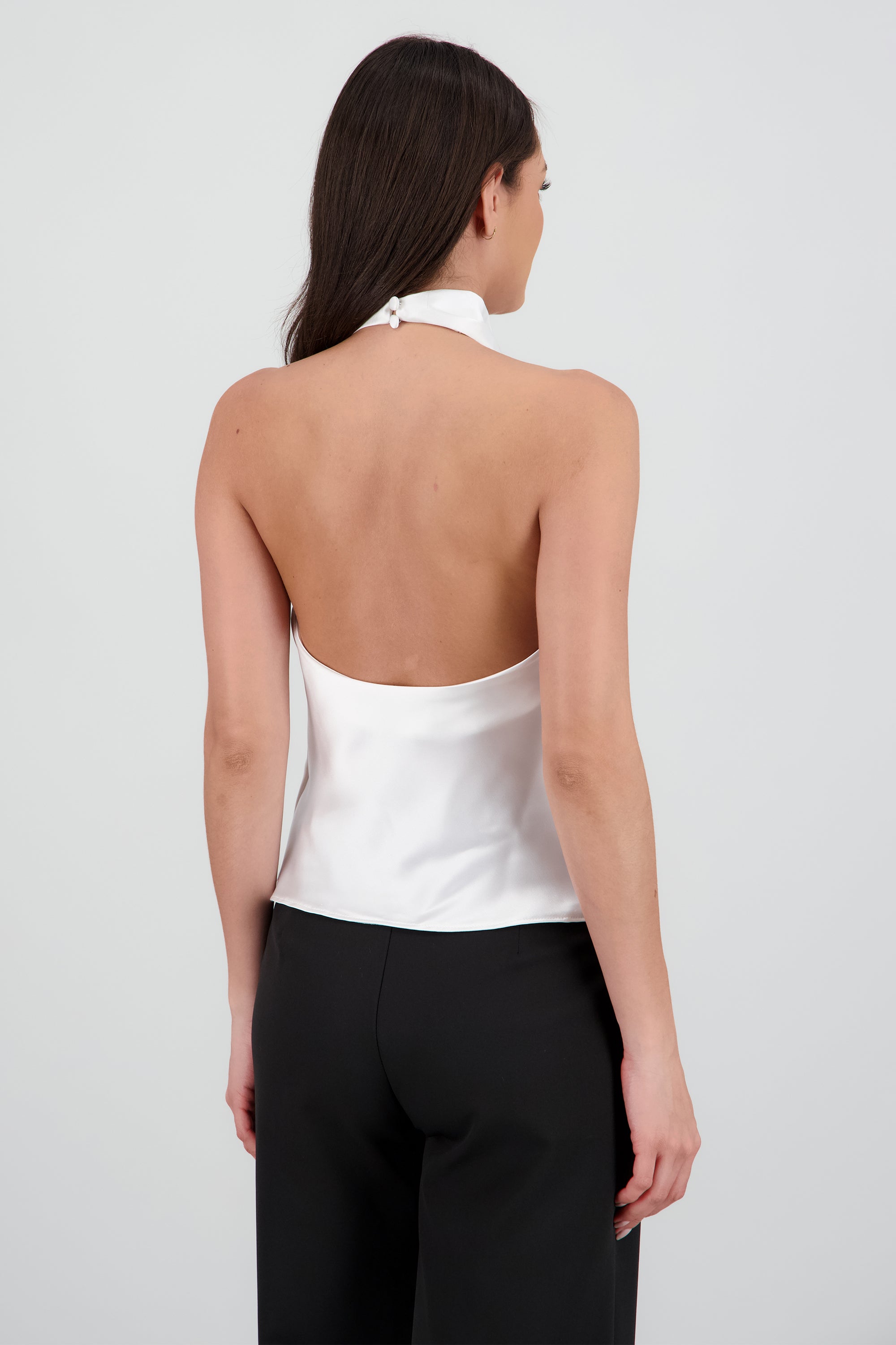 Top satin cuello cascada alto HUESO