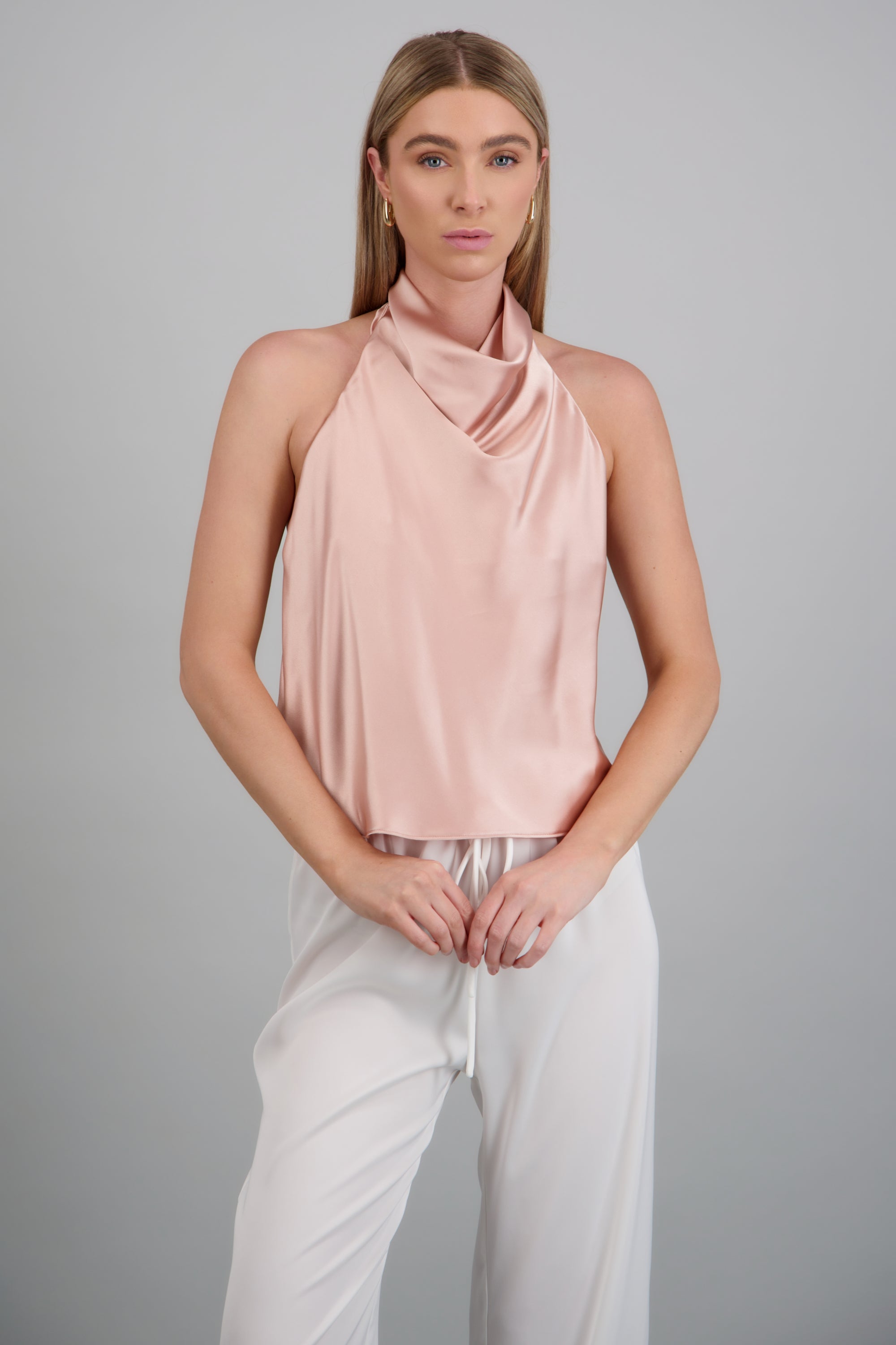 Top satín cuello cascada alto hypsters ORO ROSA
