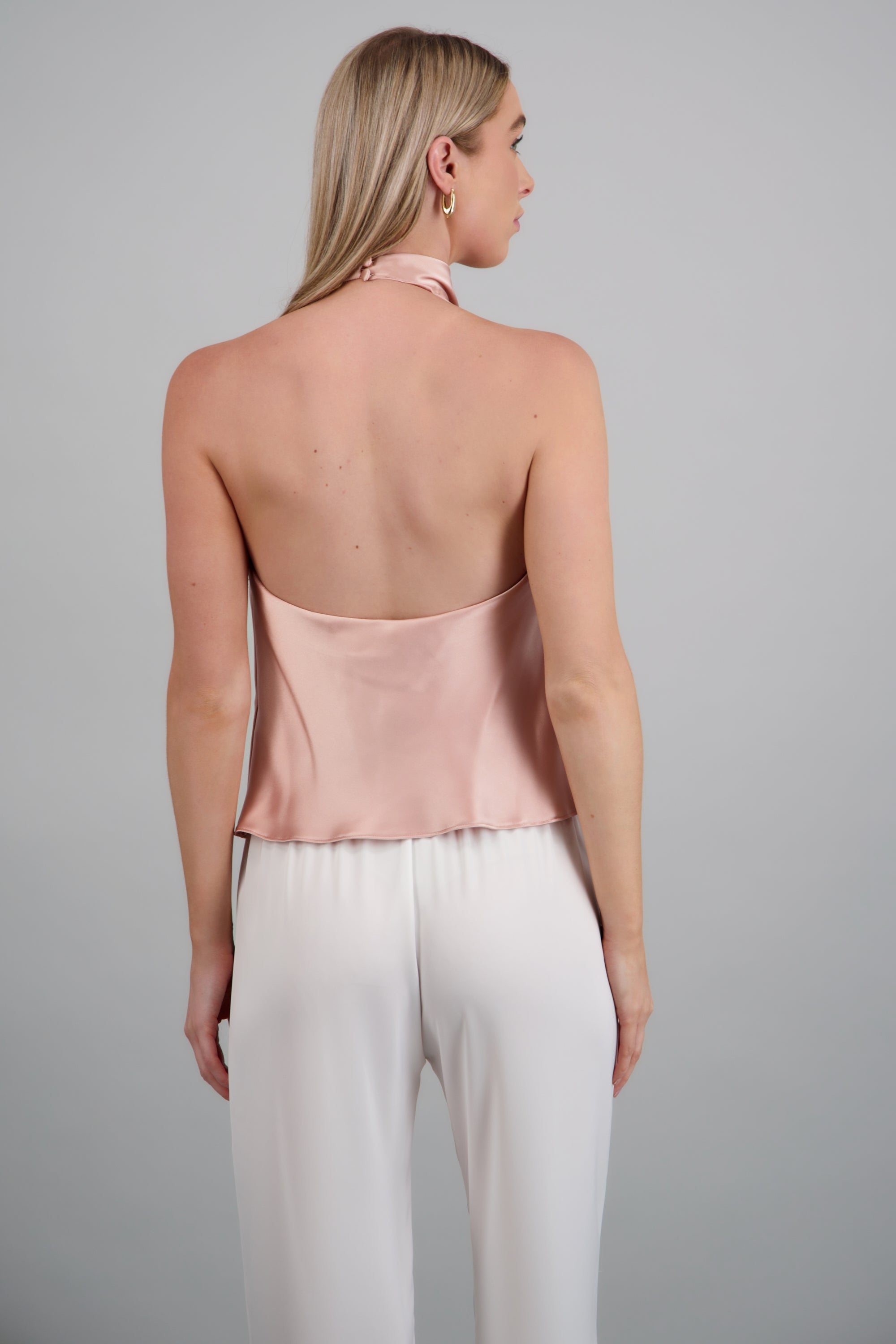 Top satín cuello cascada alto hypsters ORO ROSA
