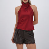 Top satín cuello cascada alto hypsters