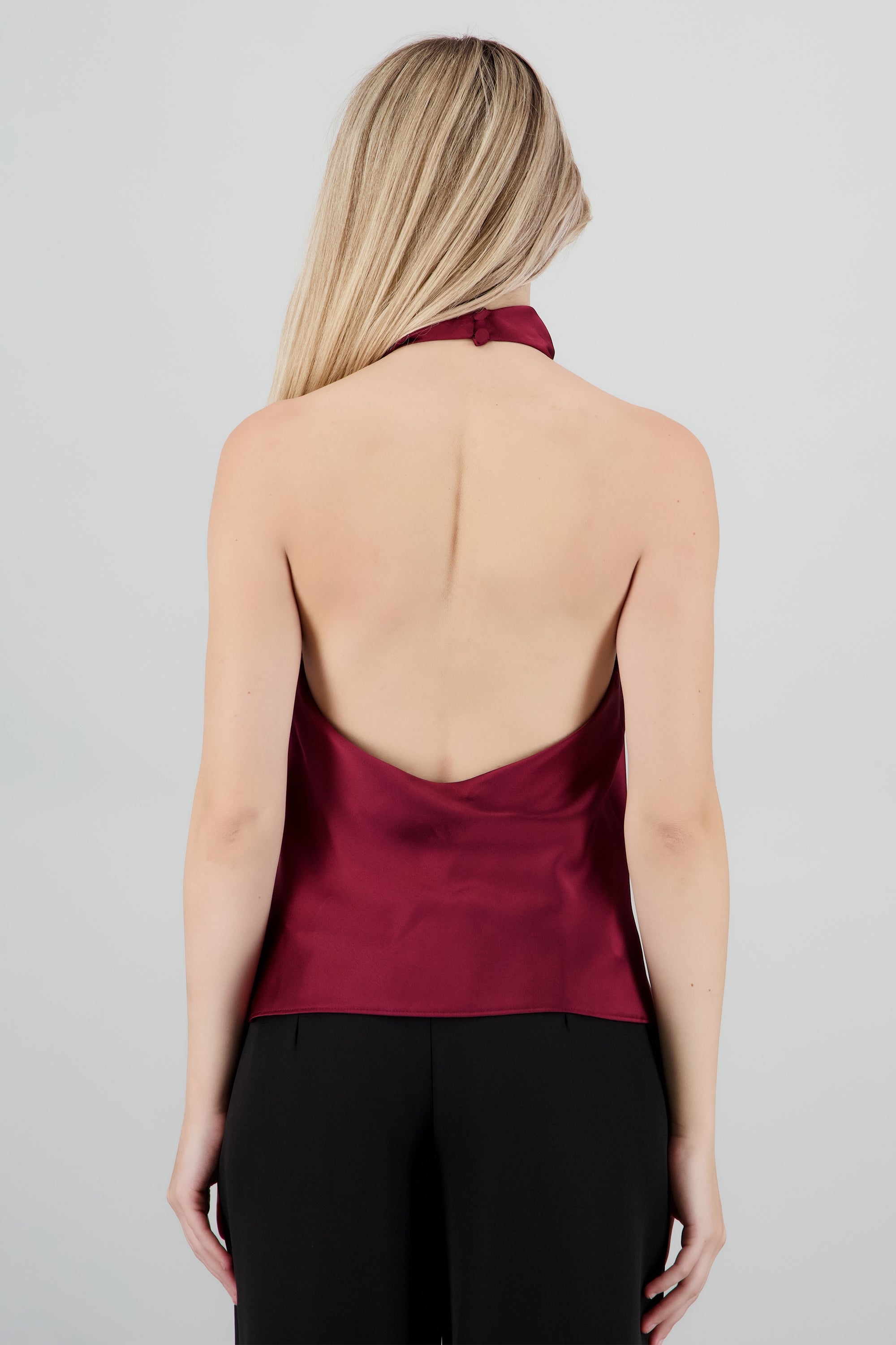 Top satin cuello cascada alto VINO