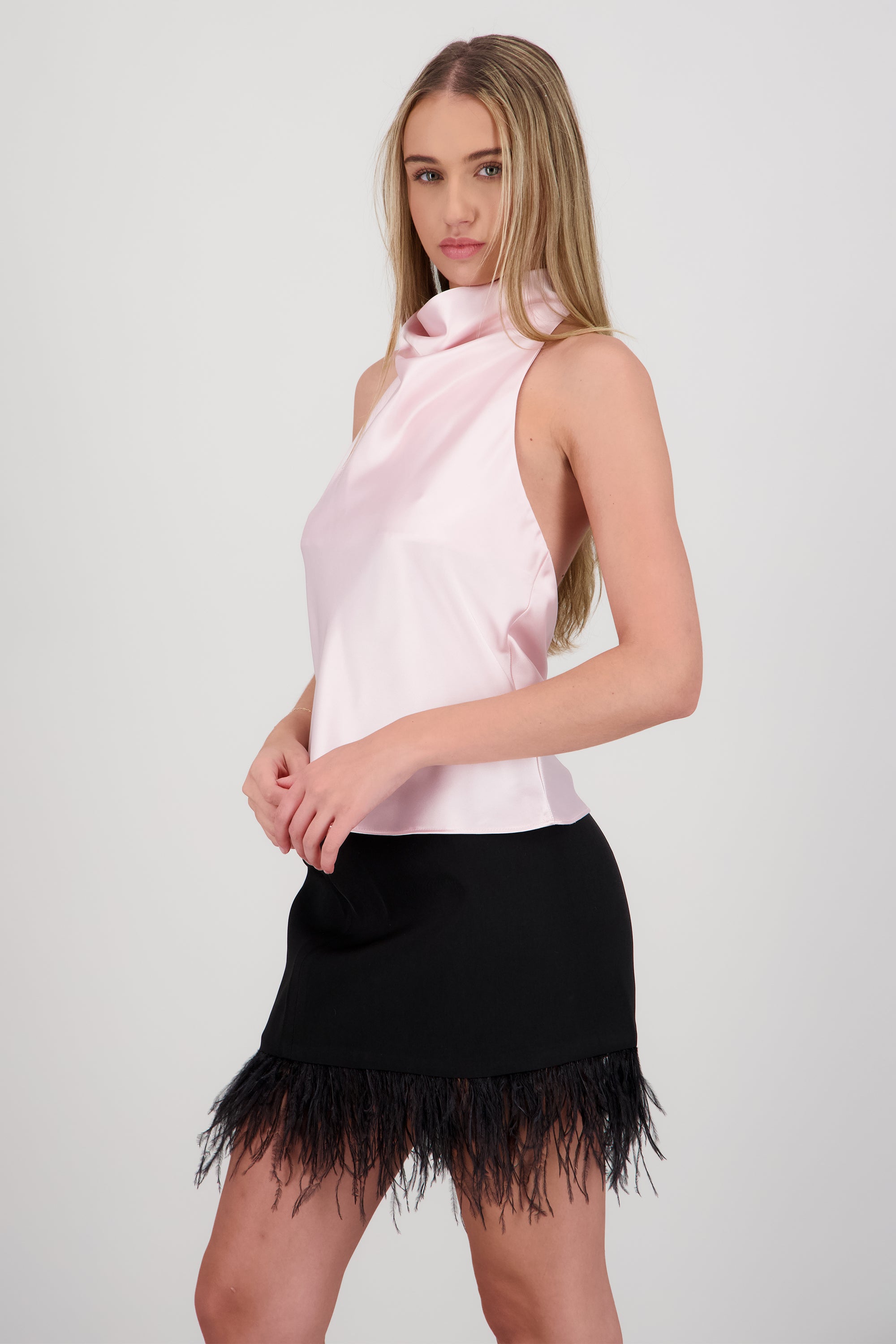 Top satin cuello cascada alto ROSA PASTEL