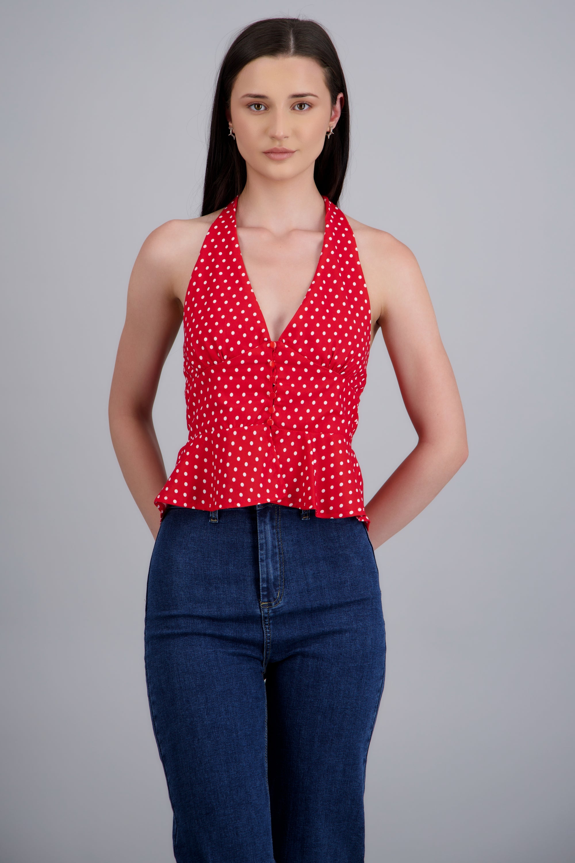 Top halter botones al frente ROJO COMBO