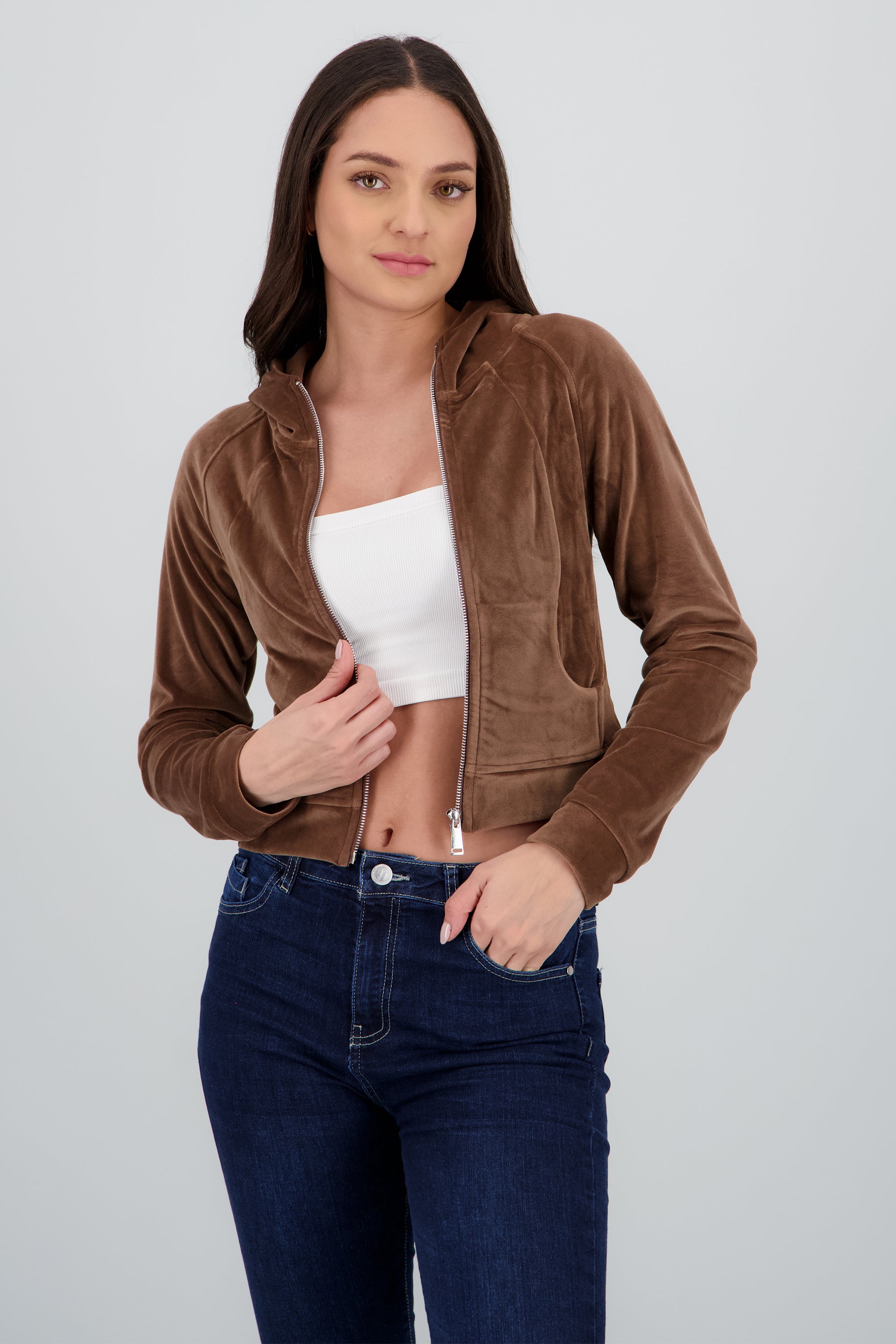 Sudadera larga con cierre velvet CAFE