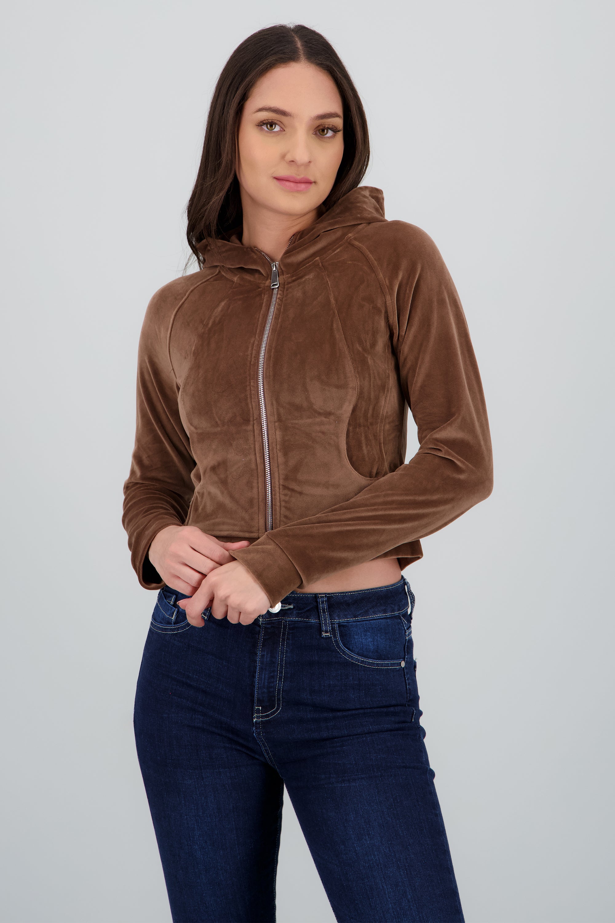 Sudadera larga con cierre velvet CAFE