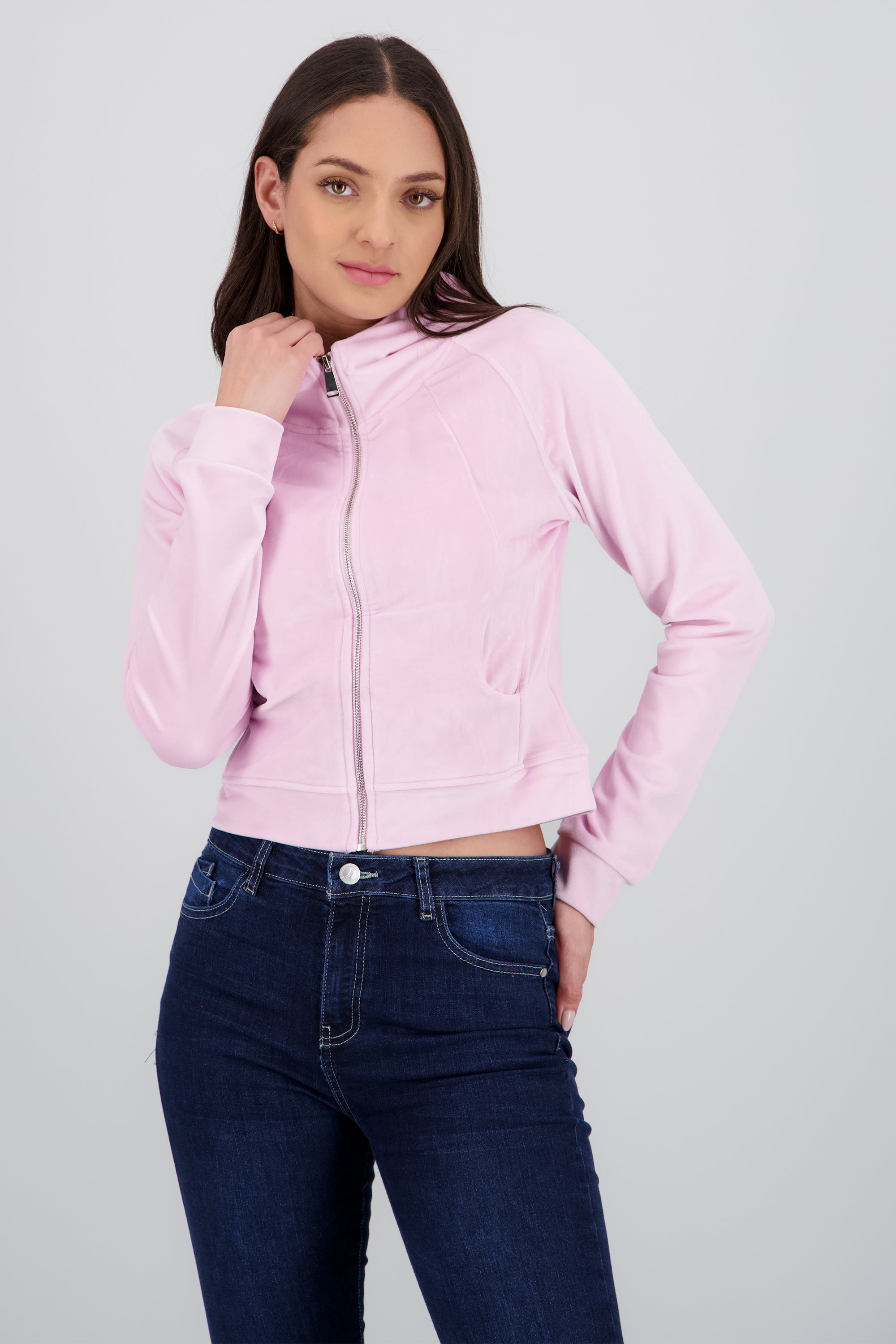 Sudadera larga con cierre velvet ROSA PASTEL