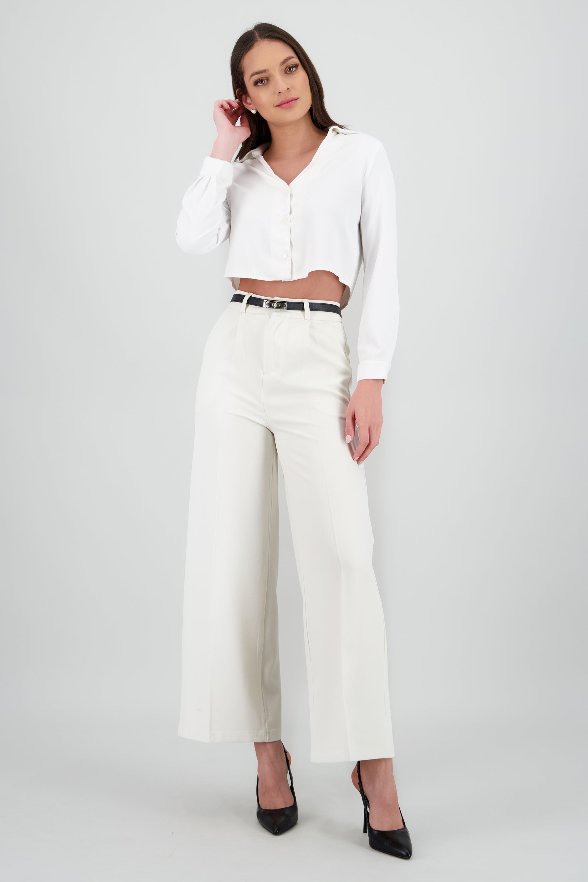 Pantalon sastre corte con cinturon hebilla CREMA