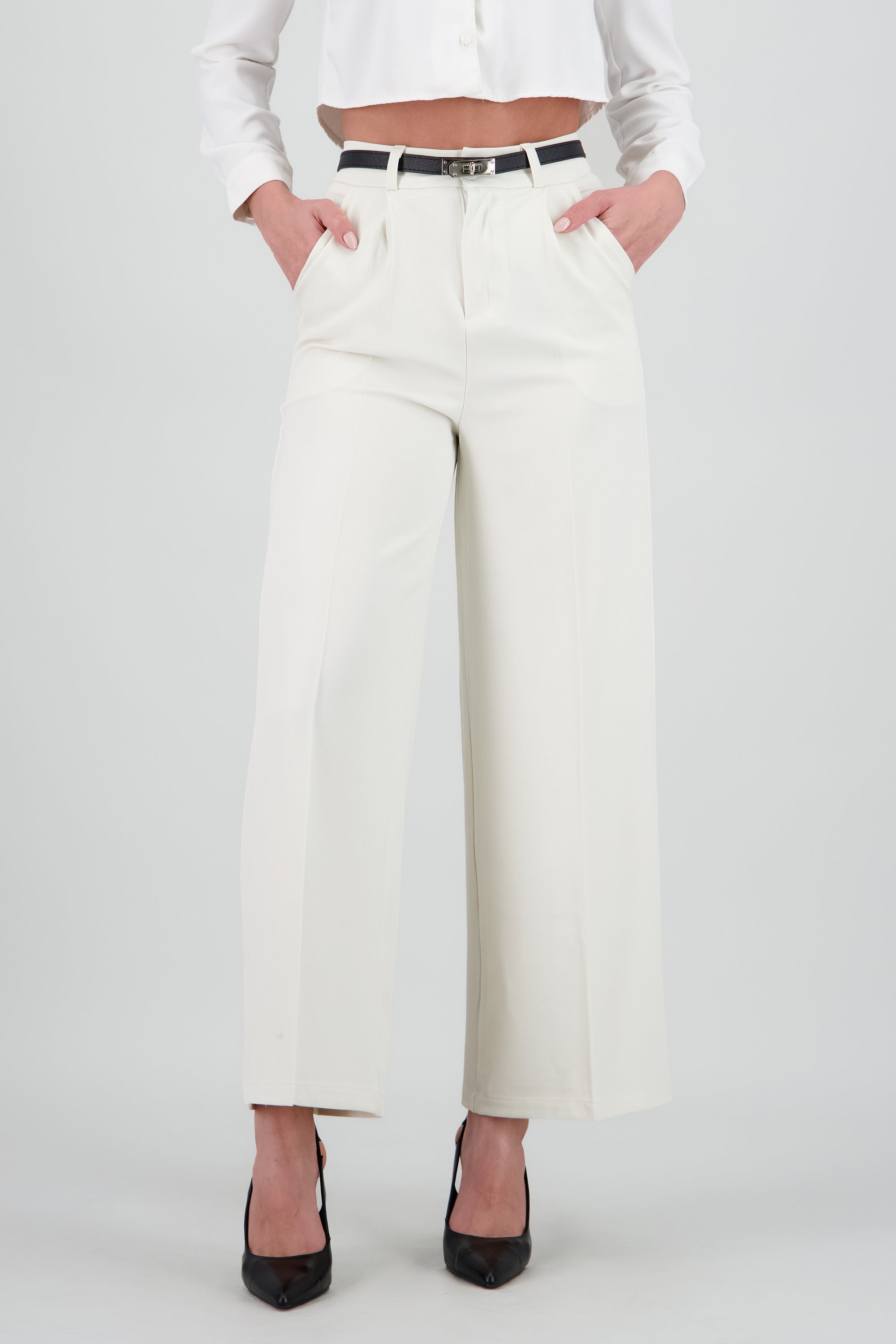 Pantalon sastre corte con cinturon hebilla CREMA