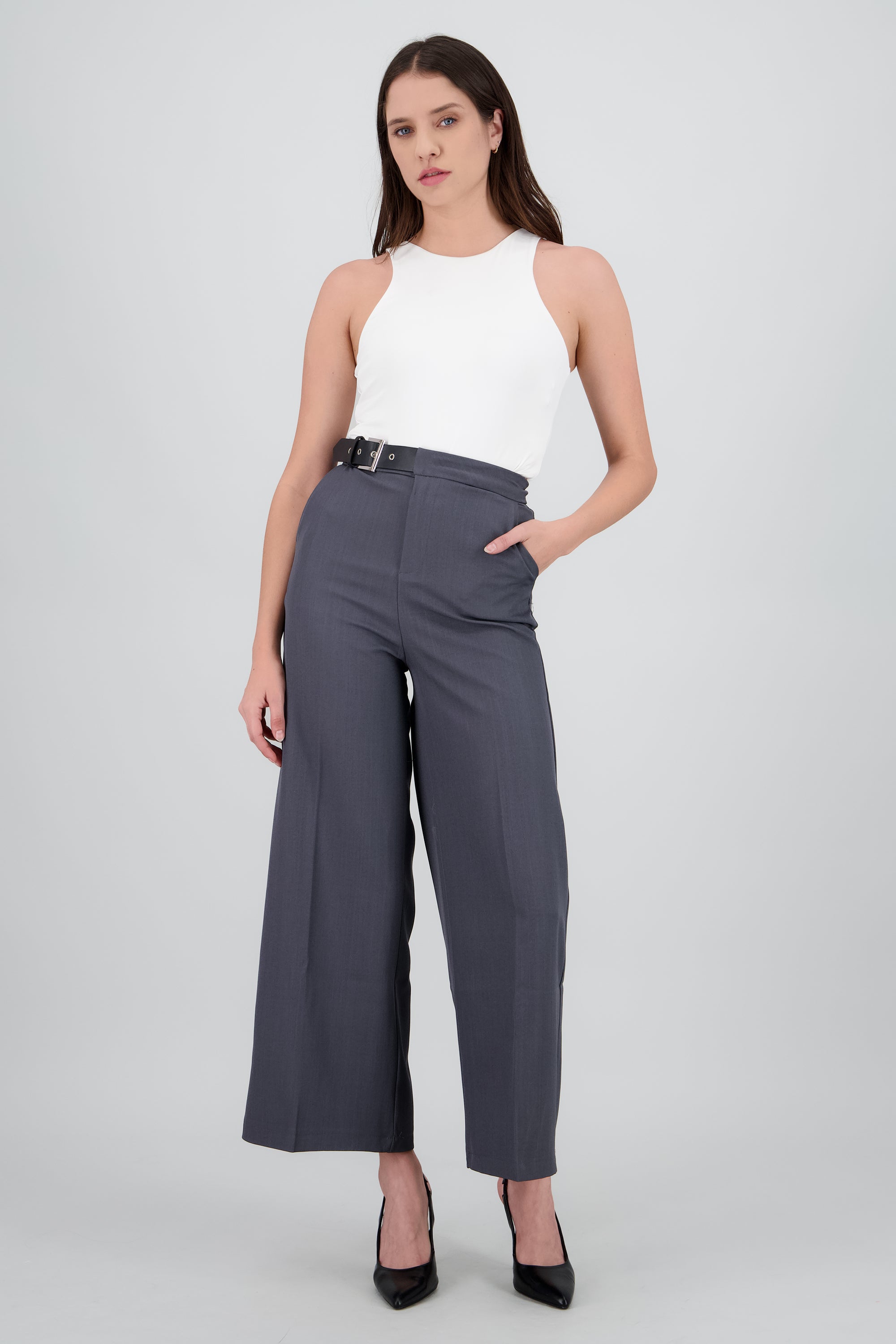 Pantalon sastre pretina con hebilla GRIS