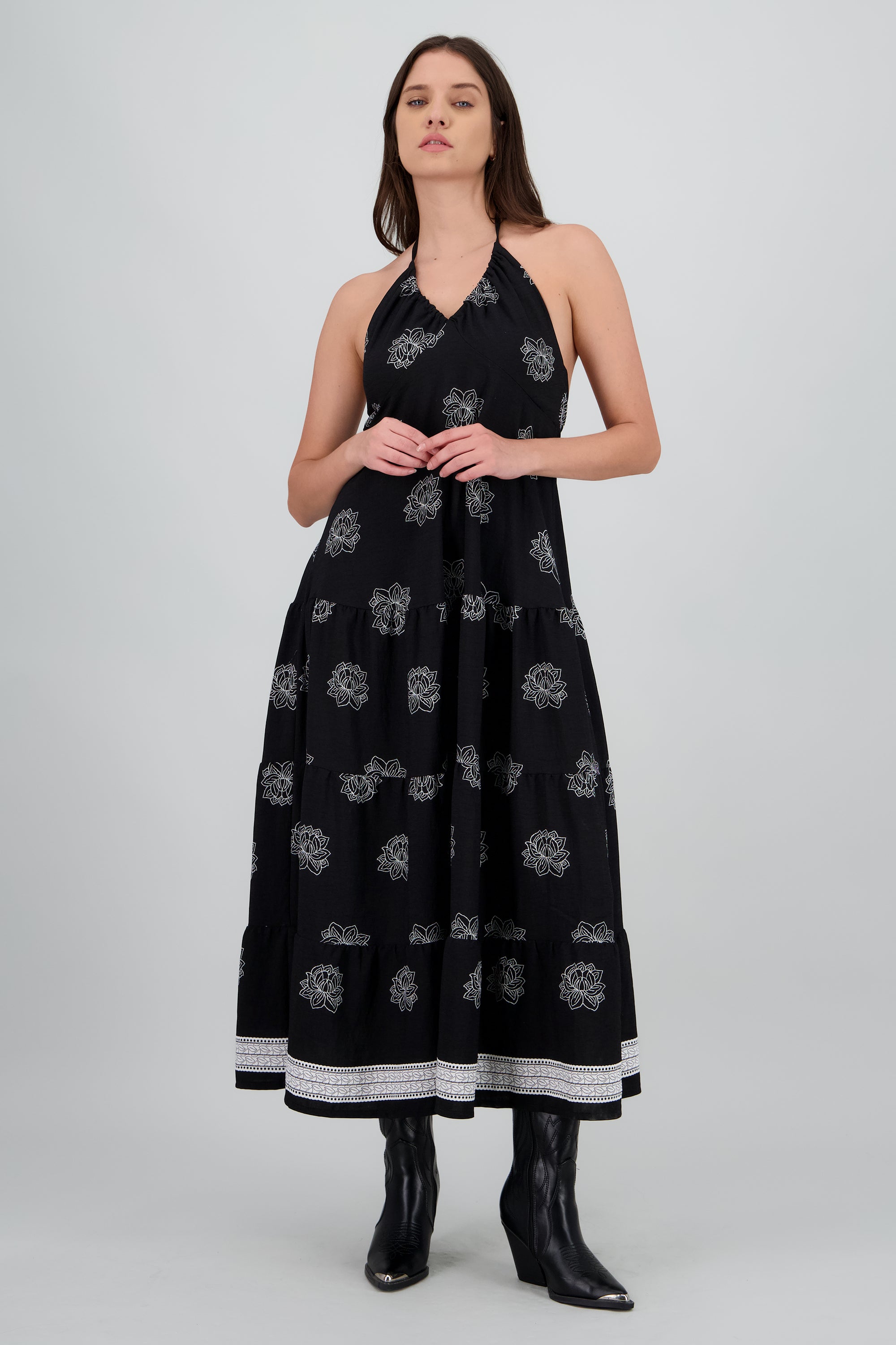 Vestido maxi halter fluido estampado flores NEGRO COMBO