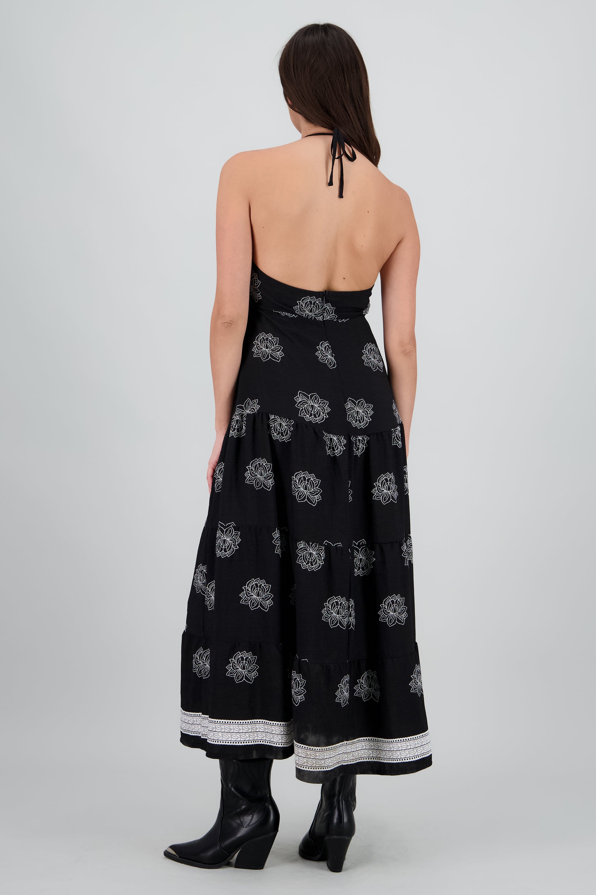 Vestido maxi halter fluido estampado flores NEGRO COMBO