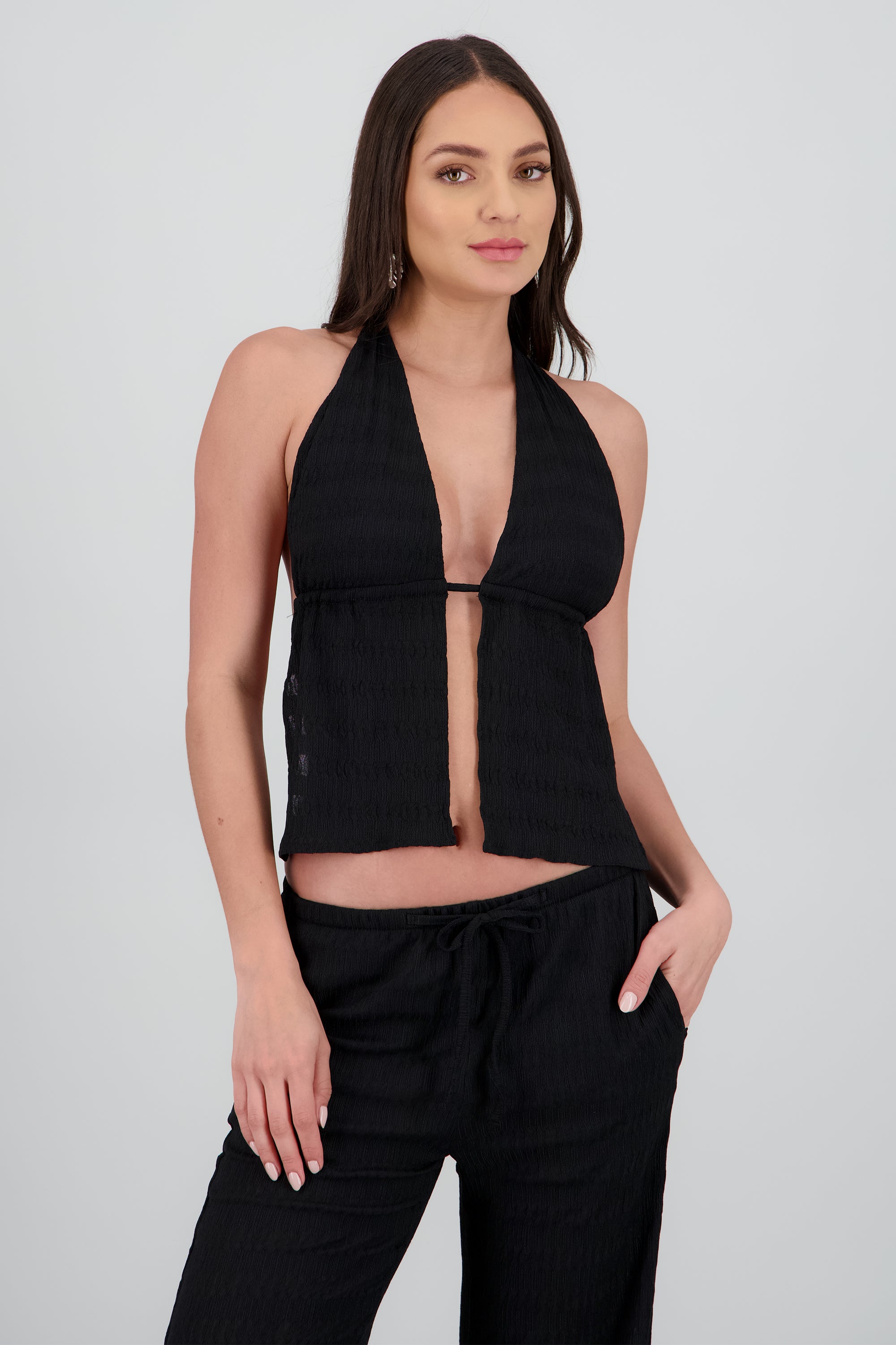 Top amarre espalda descubierta textura NEGRO