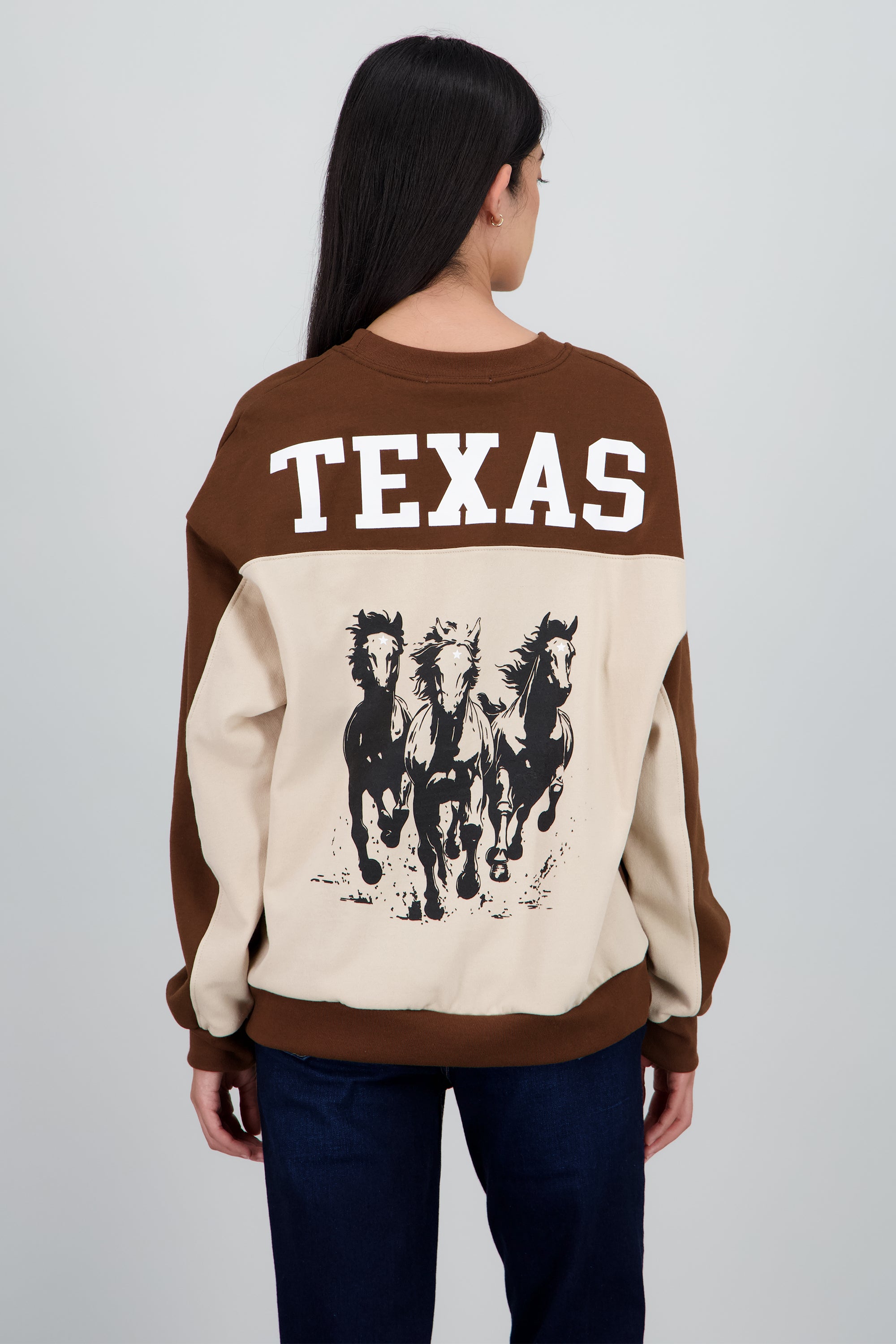 Sudadera contraste en espalda estampado caballos CAFE COMBO