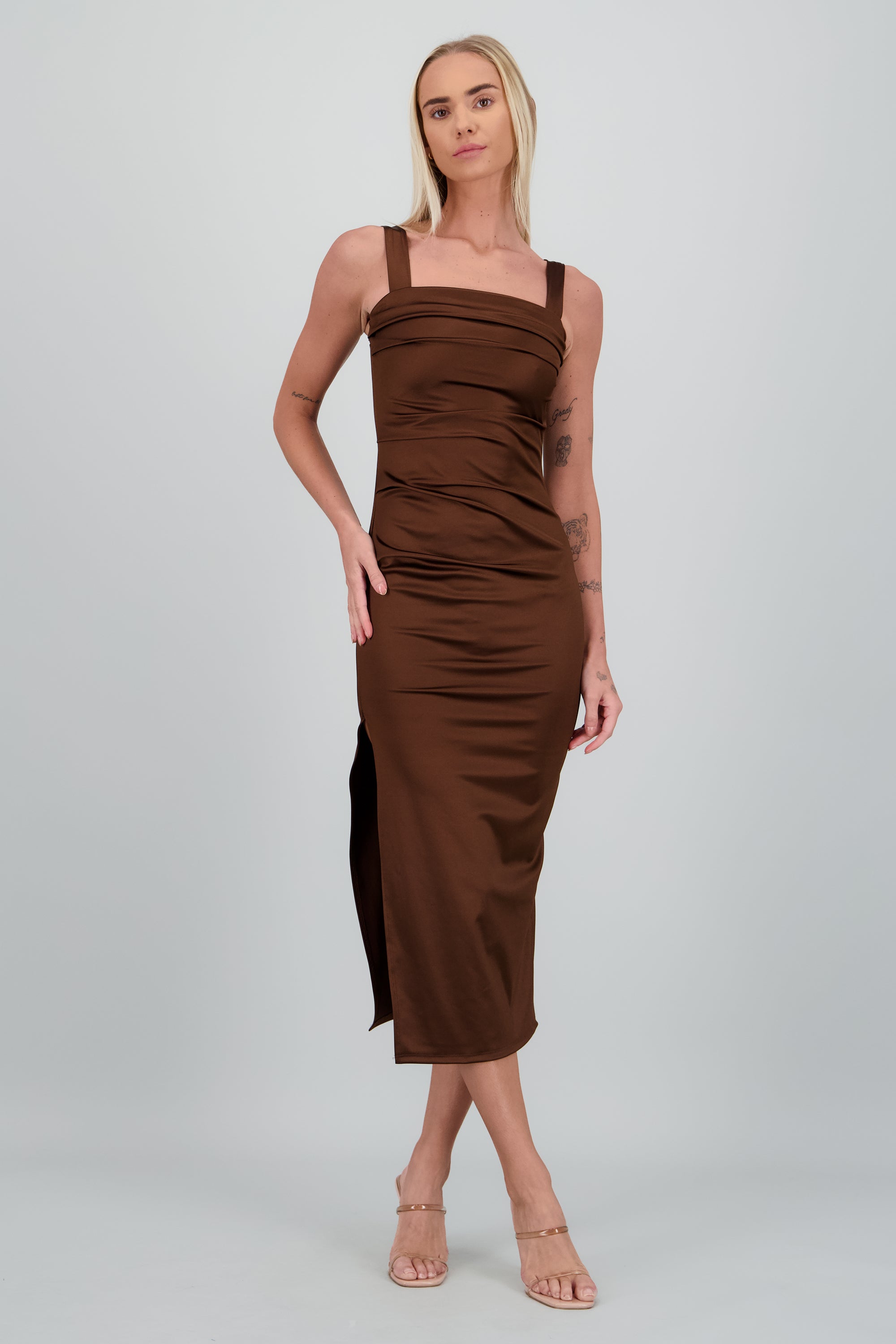 Vestido satin liso CAFE