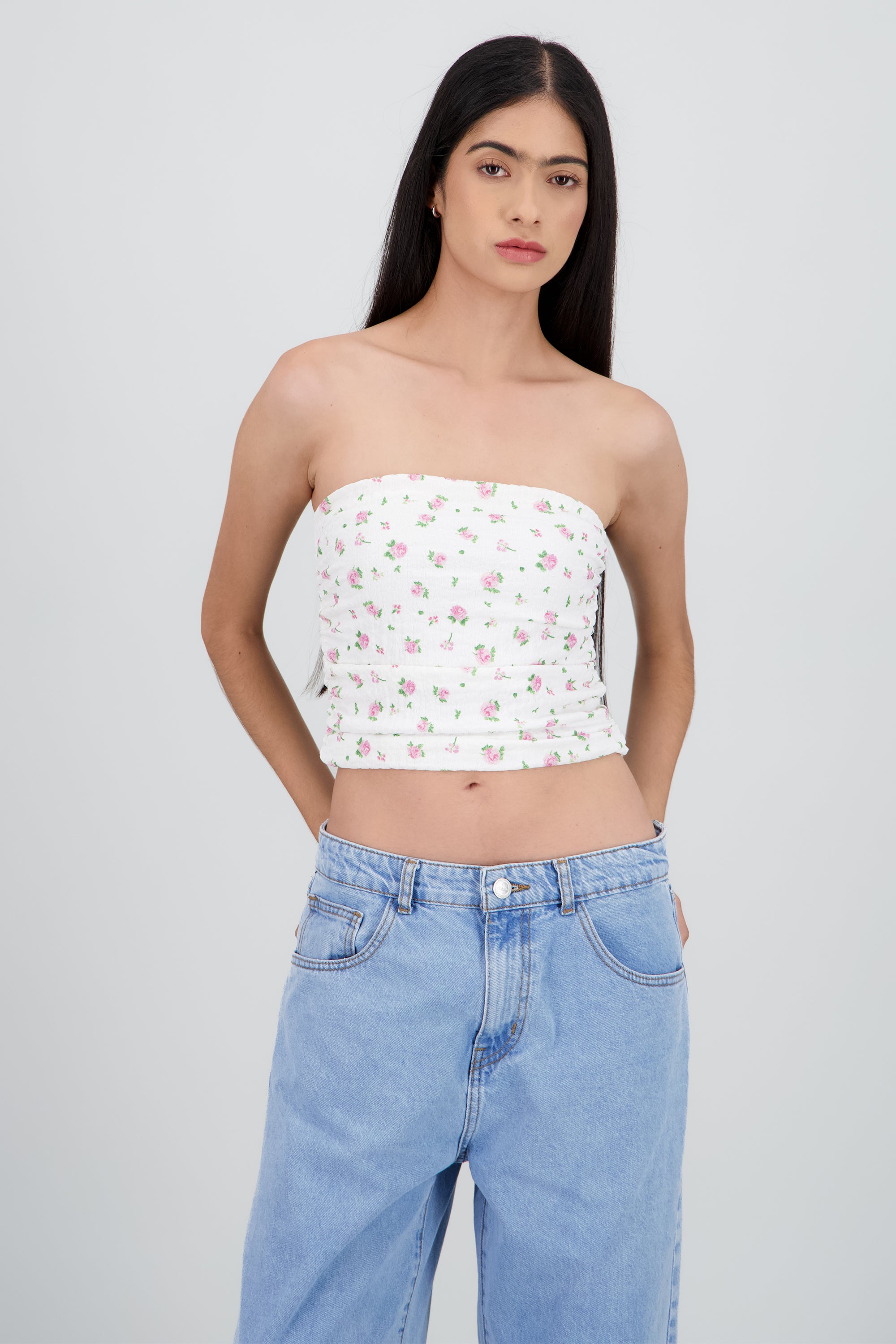 Top strapless tubo detalle textura ROSA COMBO