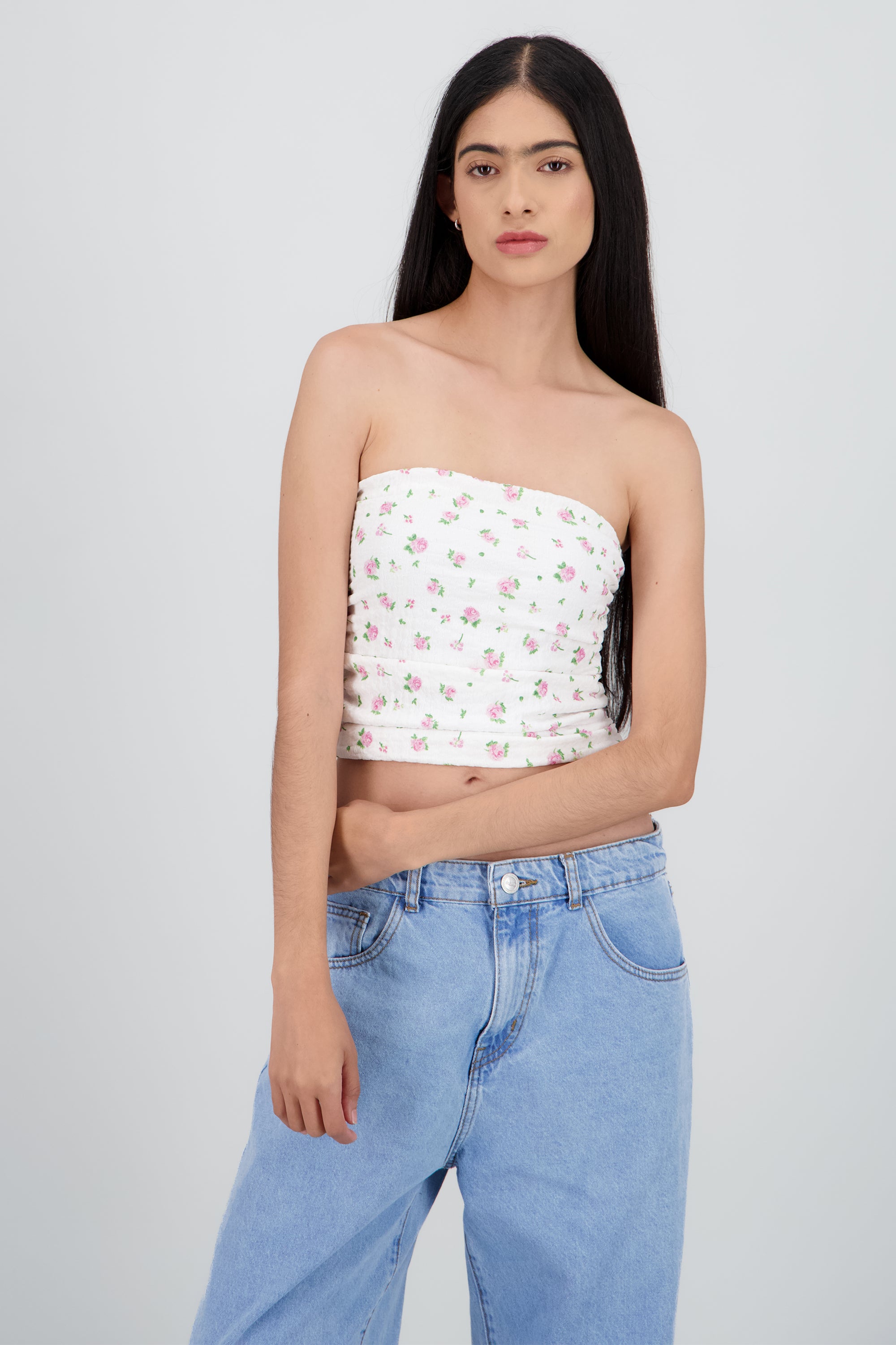 Top strapless tubo detalle textura ROSA COMBO