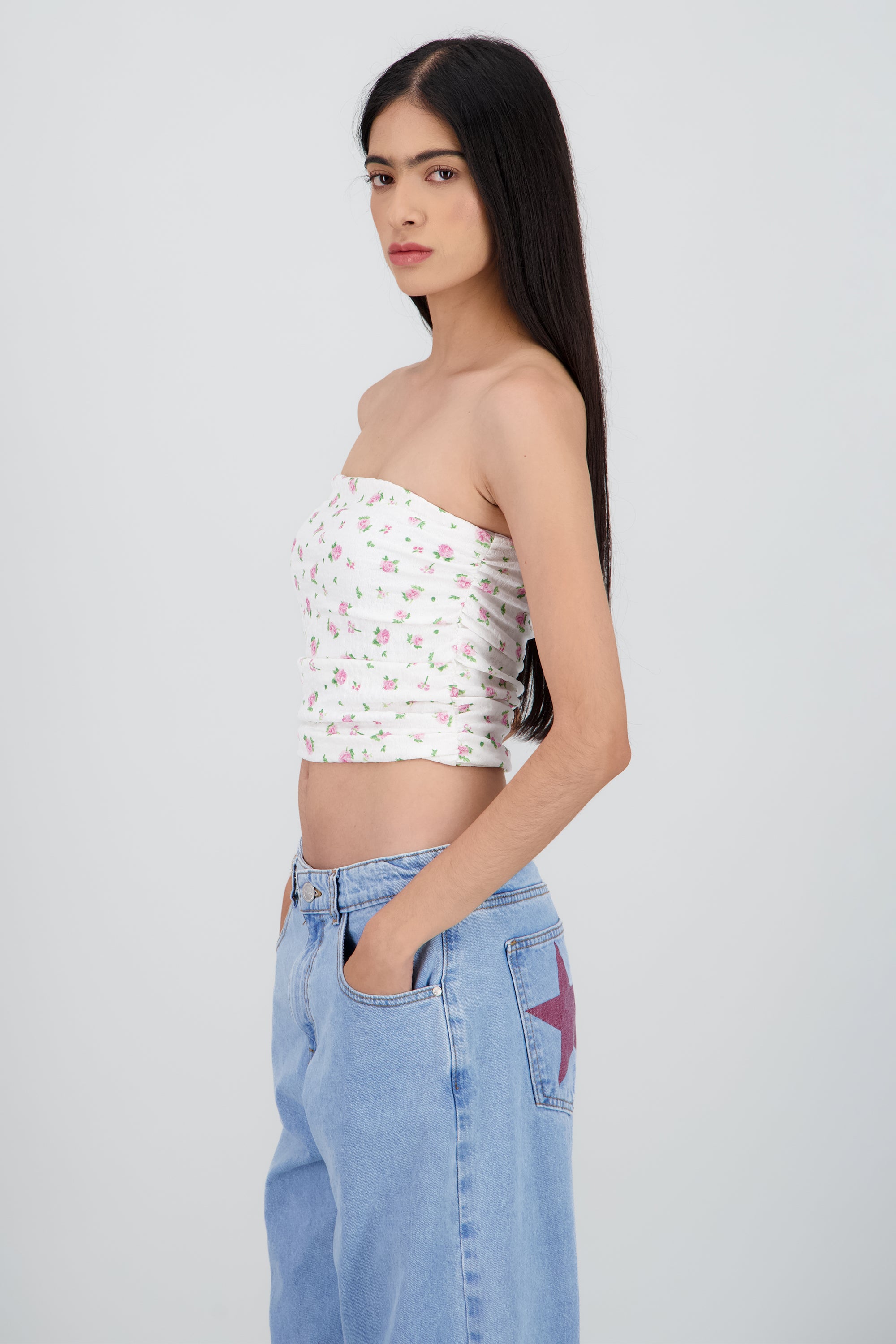 Top strapless tubo detalle textura ROSA COMBO