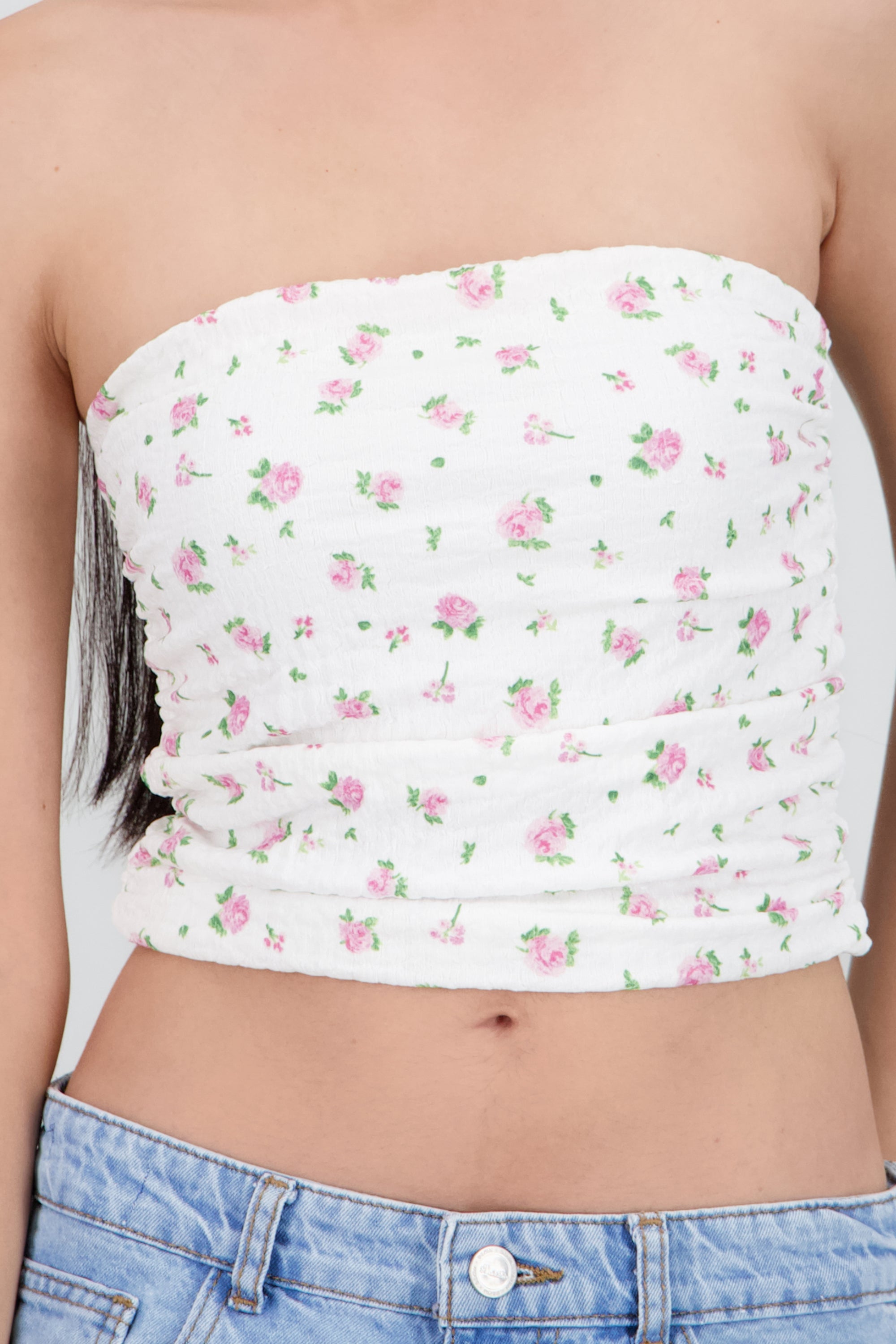Top strapless tubo detalle textura ROSA COMBO