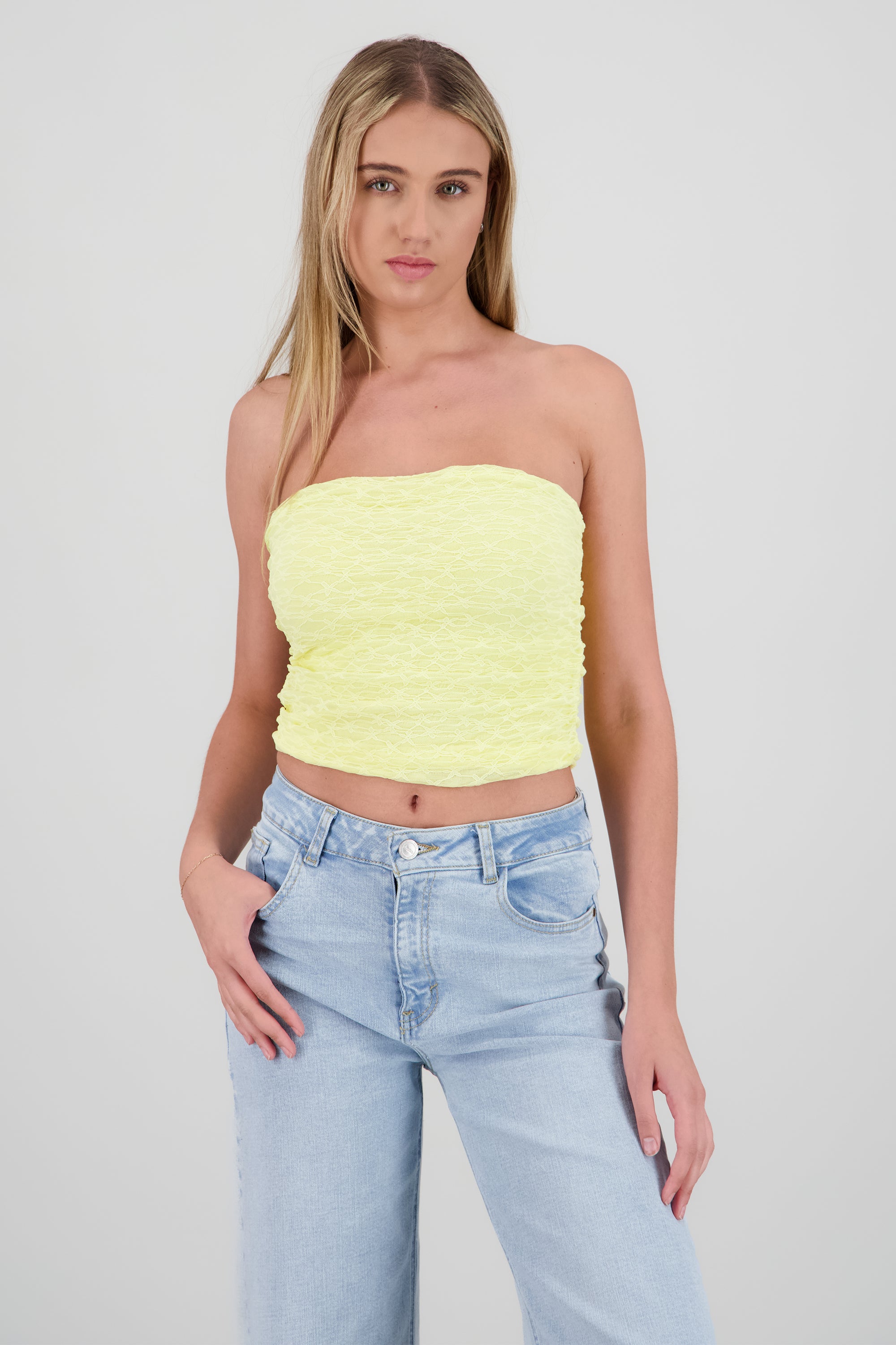 Top strapless drapeado encaje AMARILLO