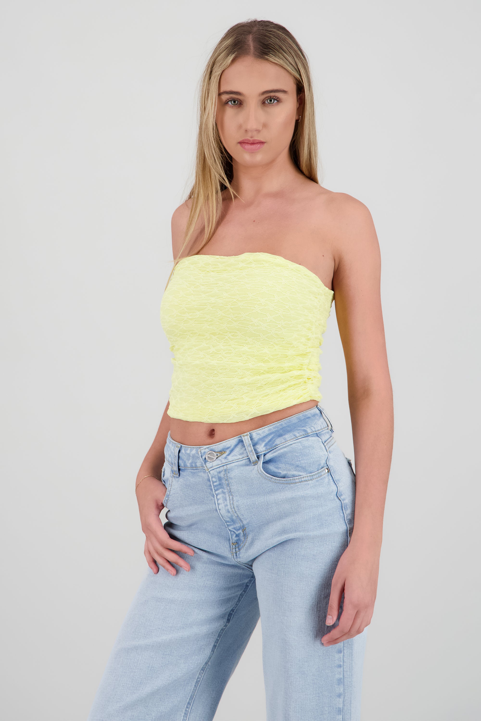 Top strapless drapeado encaje AMARILLO
