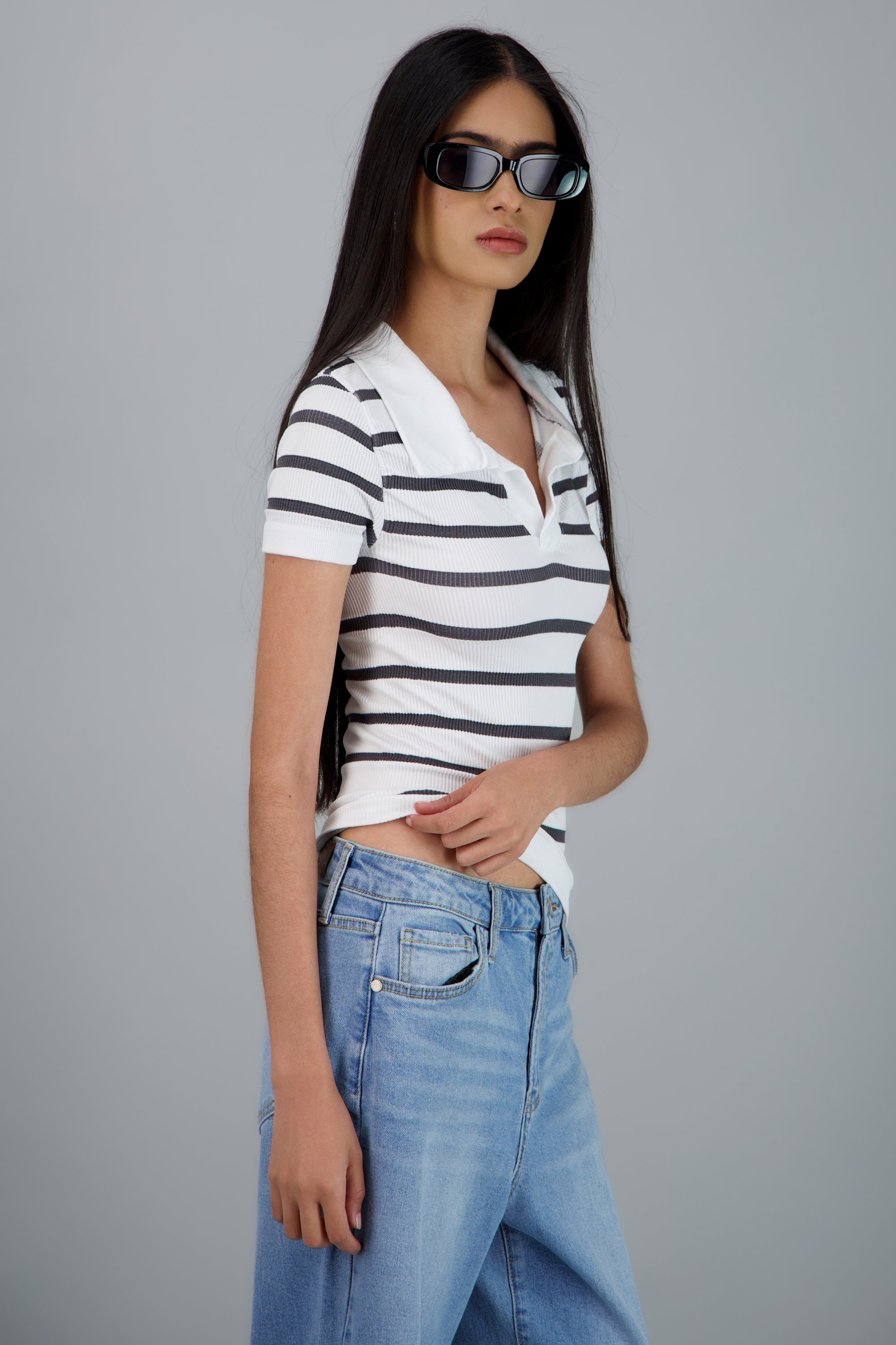 Top seamless rayas cuello polo GRIS COMBO