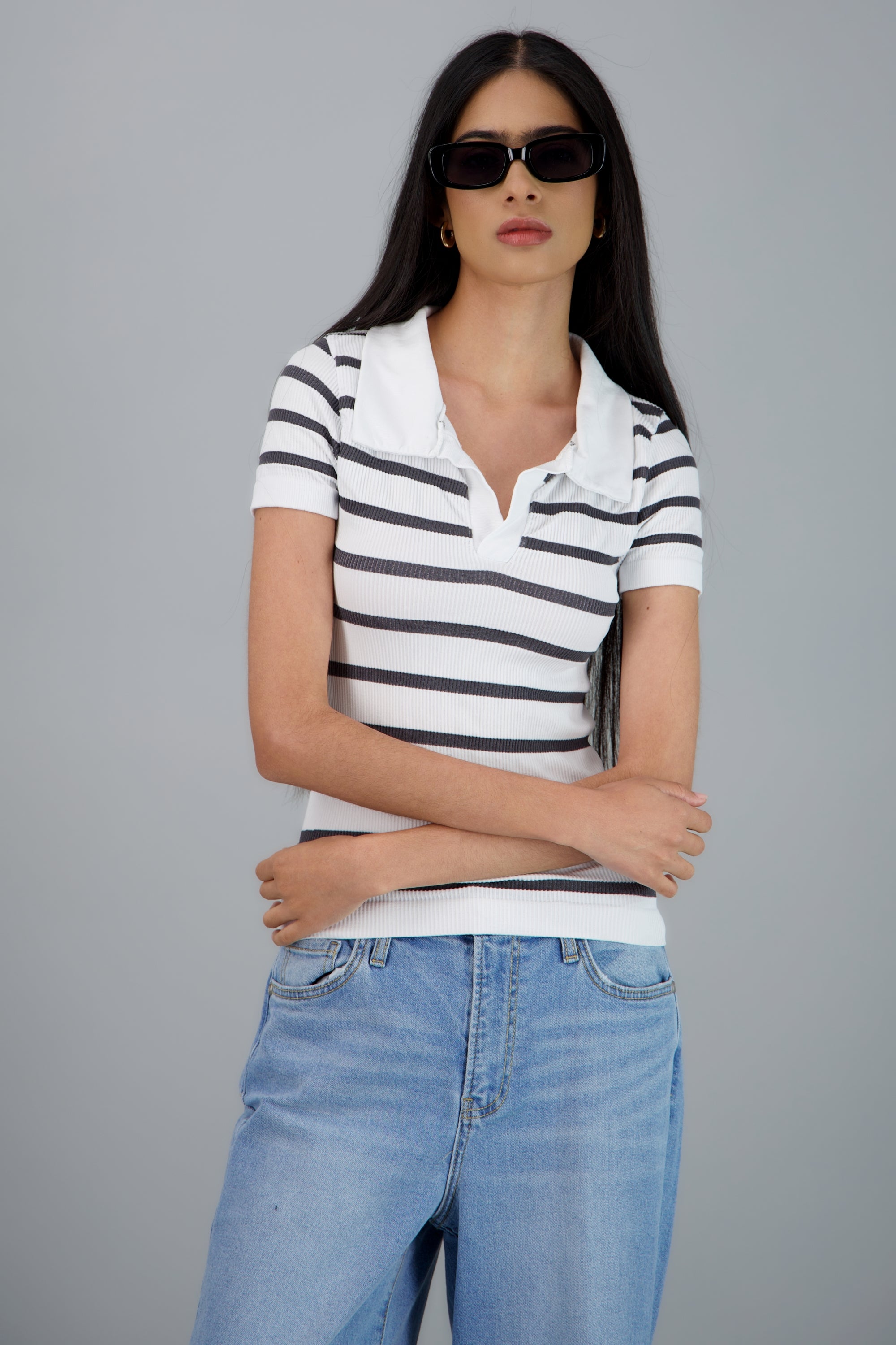 Top seamless rayas cuello polo GRIS COMBO