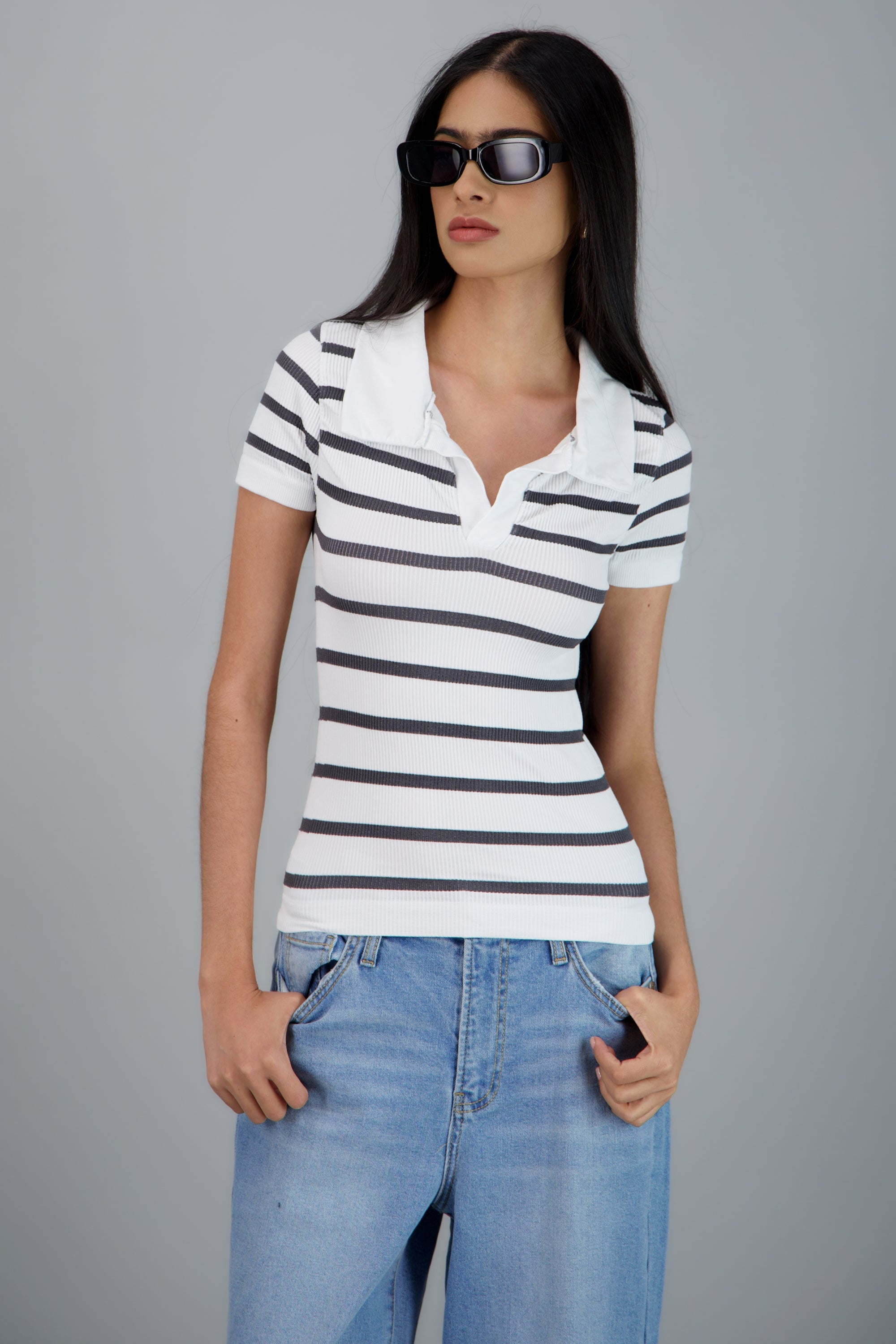 Top seamless rayas cuello polo GRIS COMBO