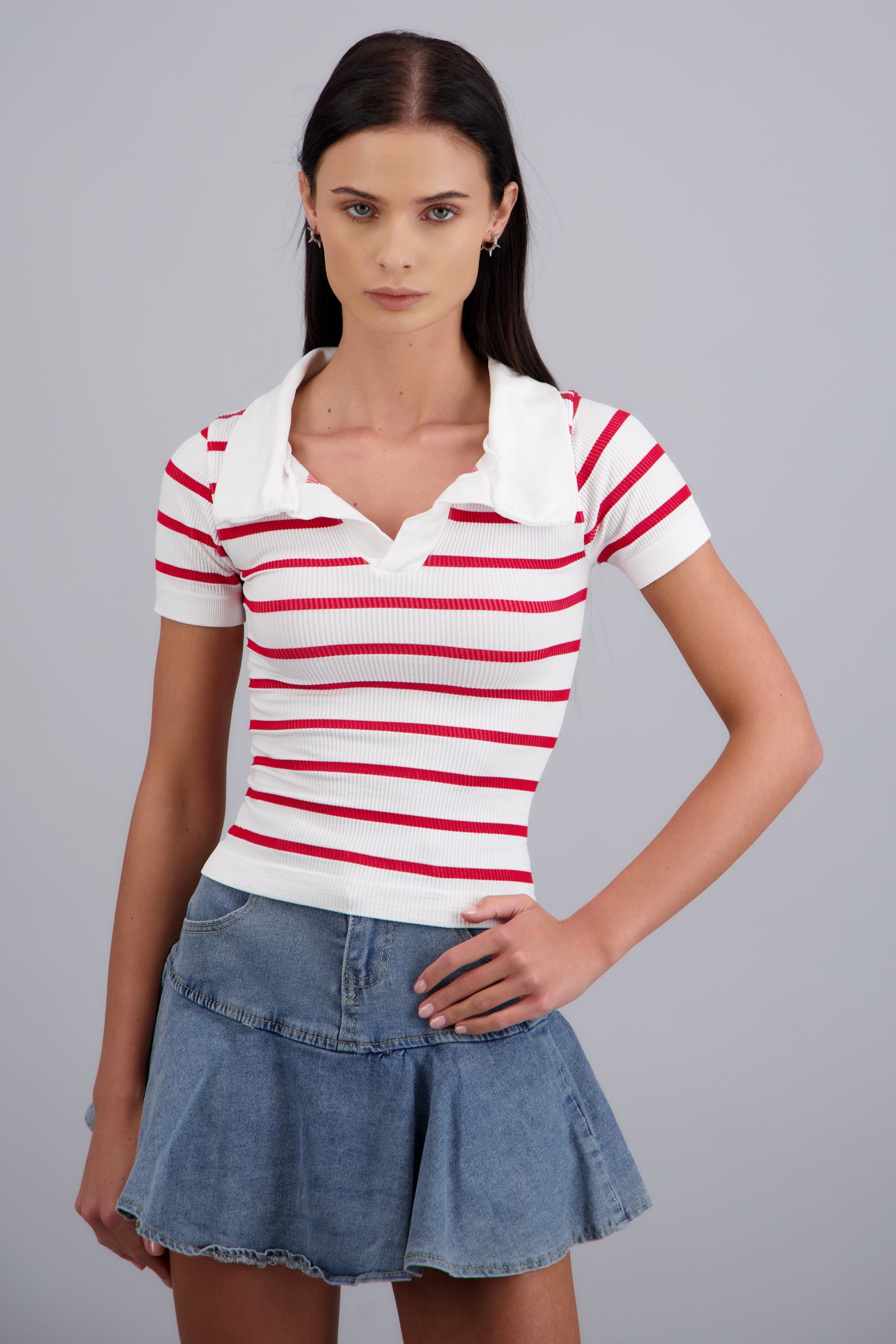 Top seamless rayas cuello polo ROJO COMBO
