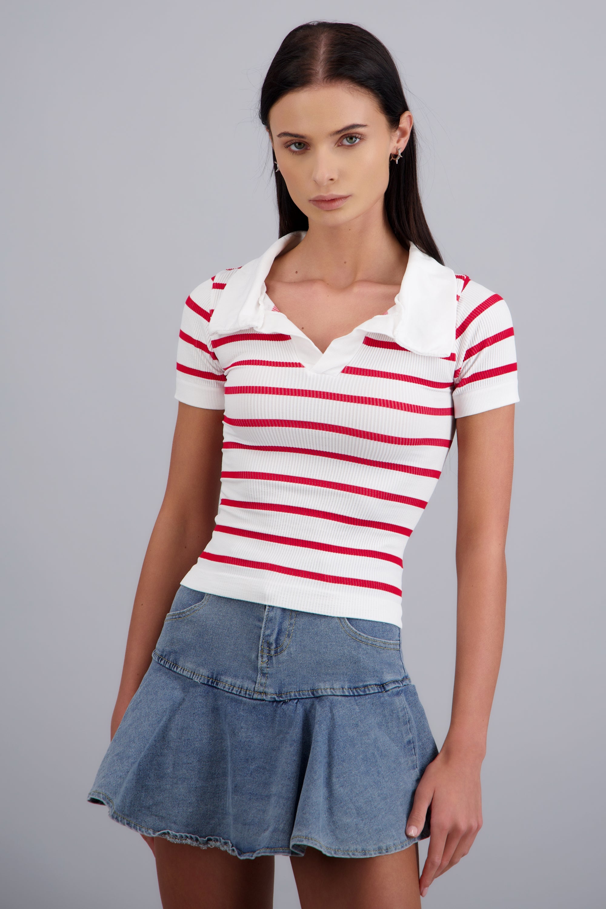 Top seamless rayas cuello polo ROJO COMBO