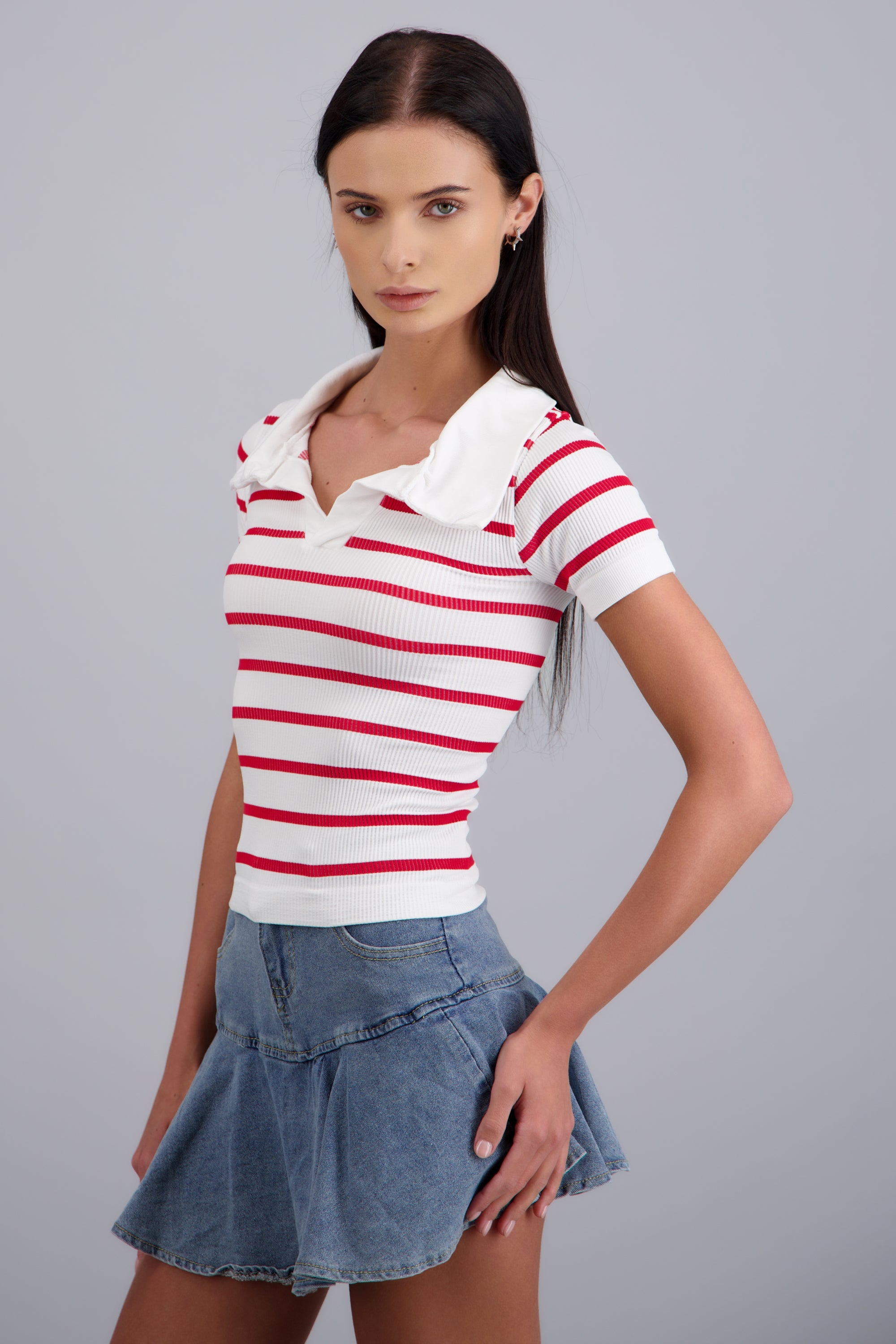 Top seamless rayas cuello polo ROJO COMBO