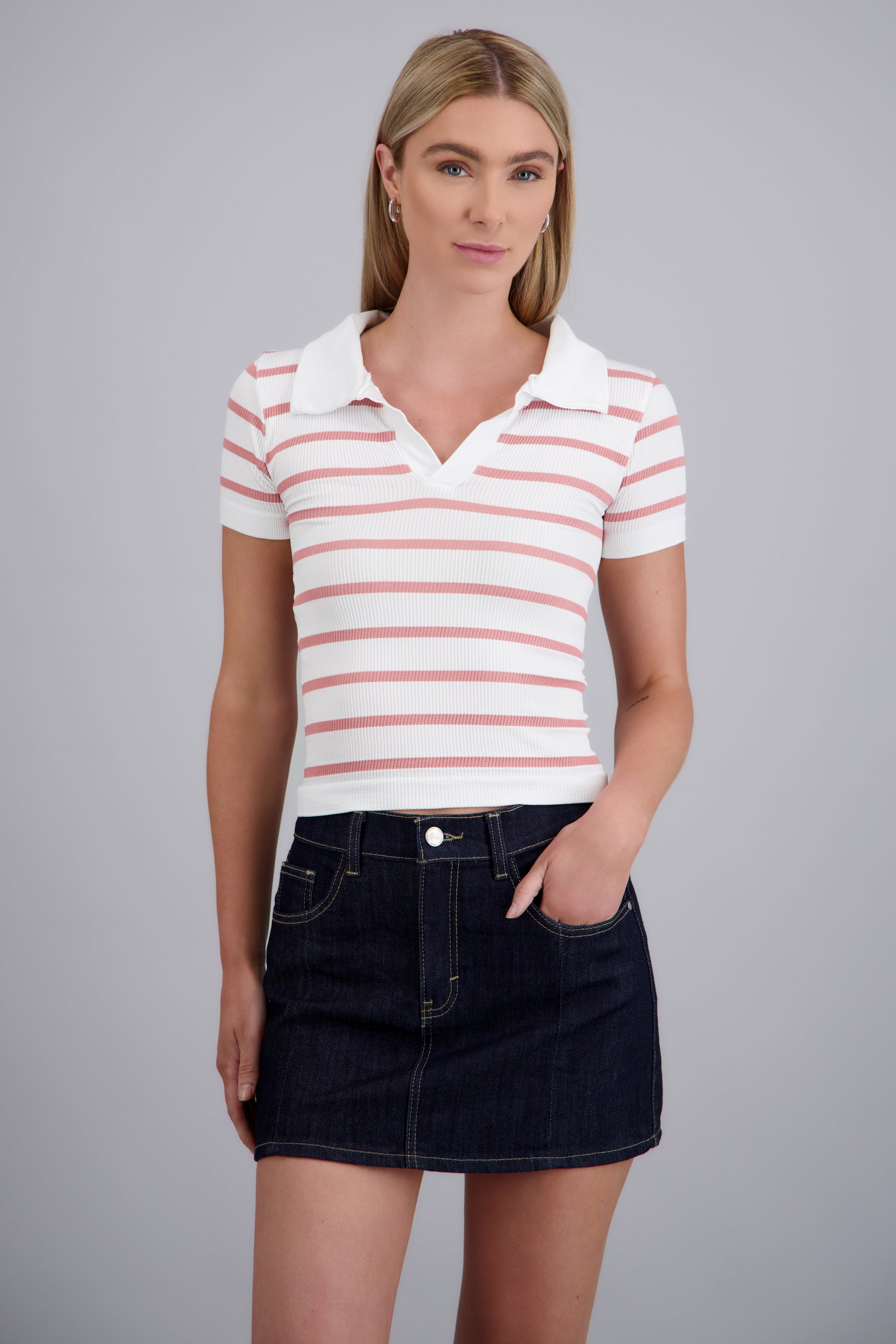 Top seamless rayas cuello polo ROSA PASTEL