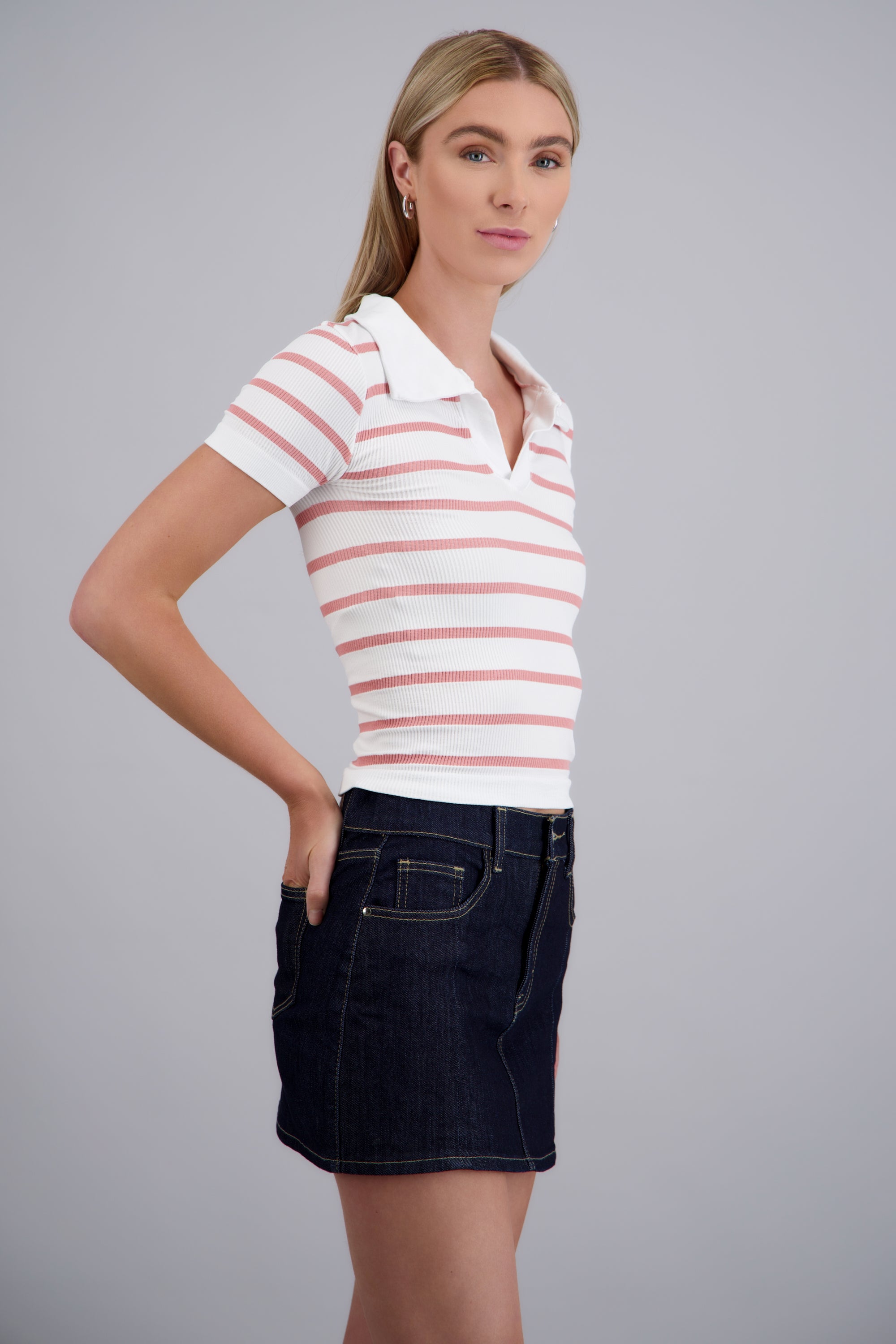 Top seamless rayas cuello polo ROSA PASTEL