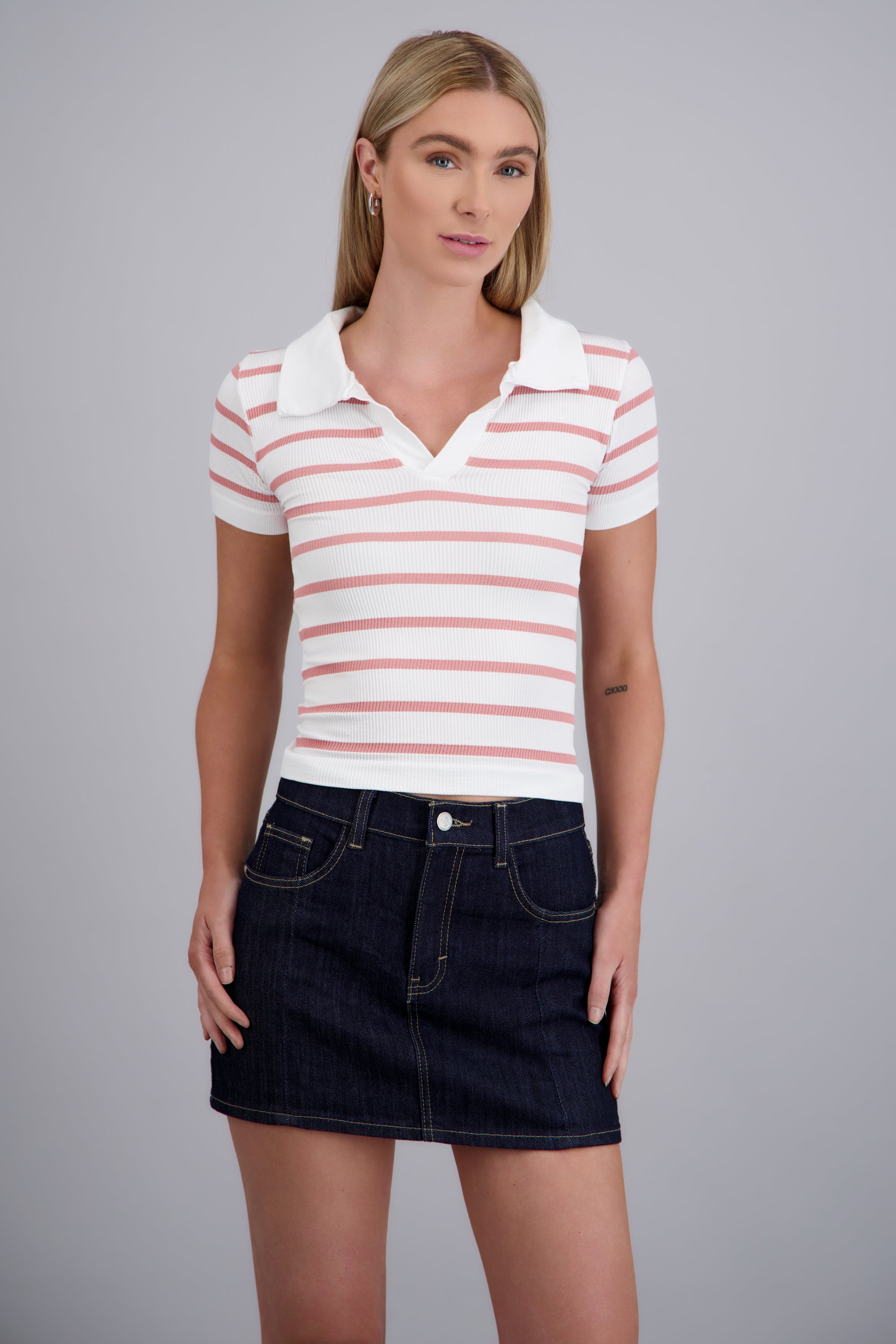 Top seamless rayas cuello polo ROSA PASTEL