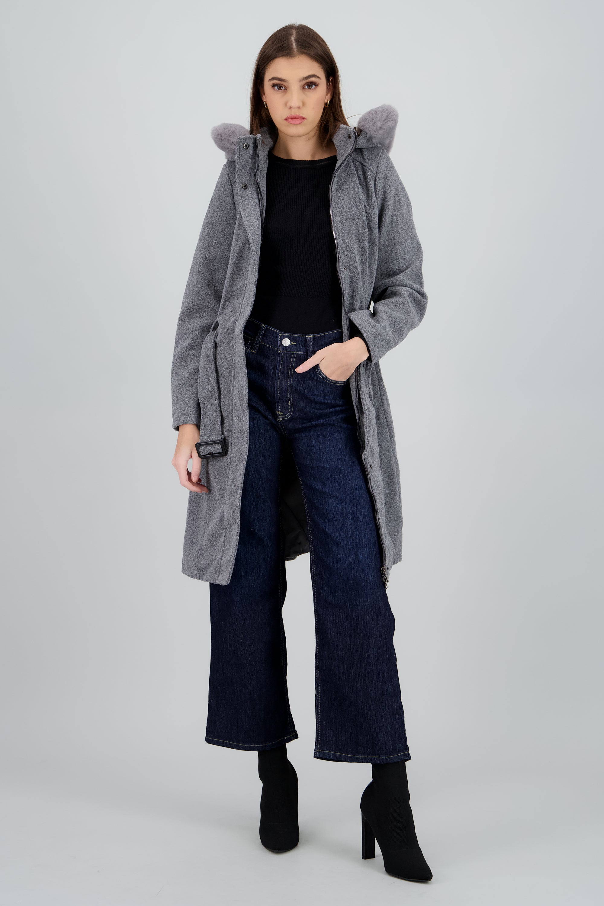 ABRIGO CON CAPUCHA GRIS JASPE