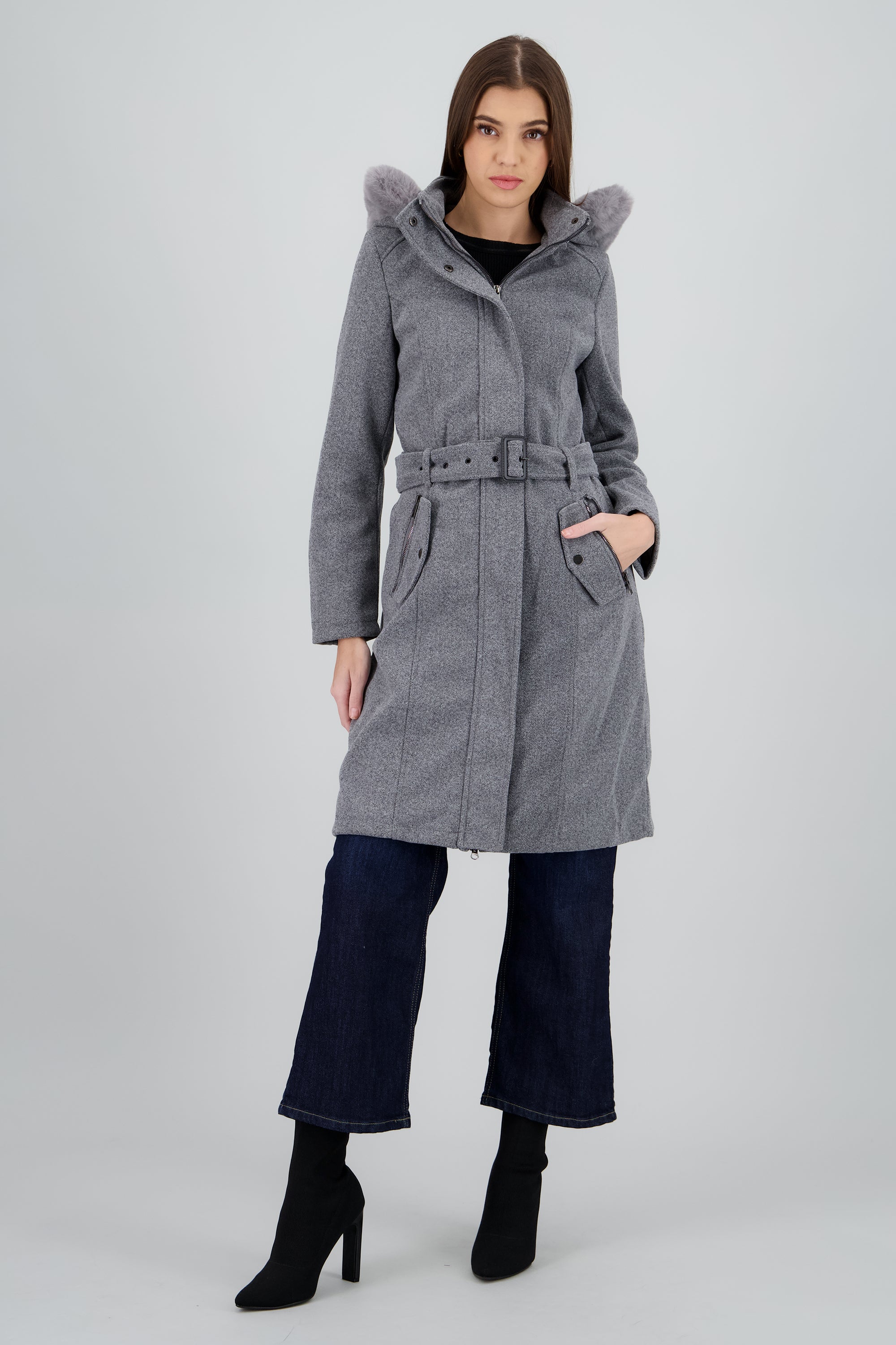 ABRIGO CON CAPUCHA GRIS JASPE