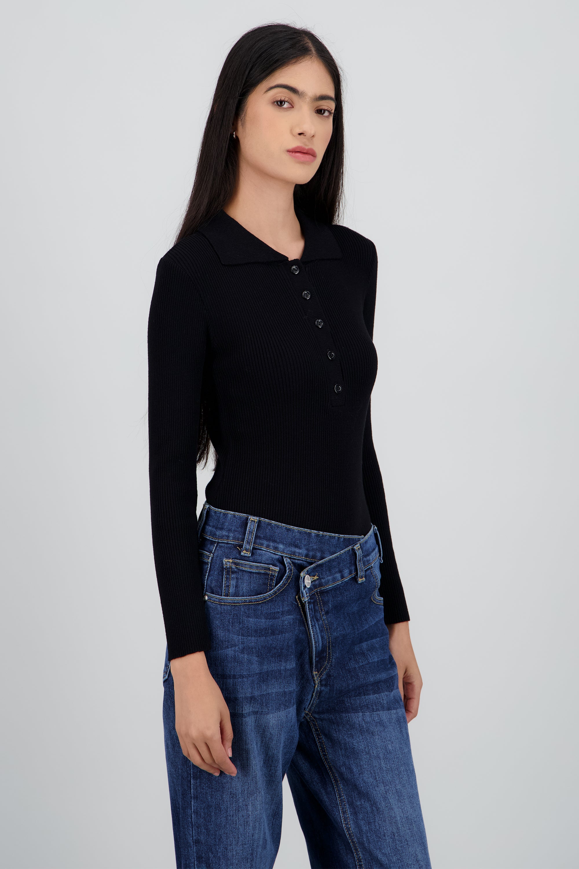 Bodysuit acanalado cuello polo NEGRO