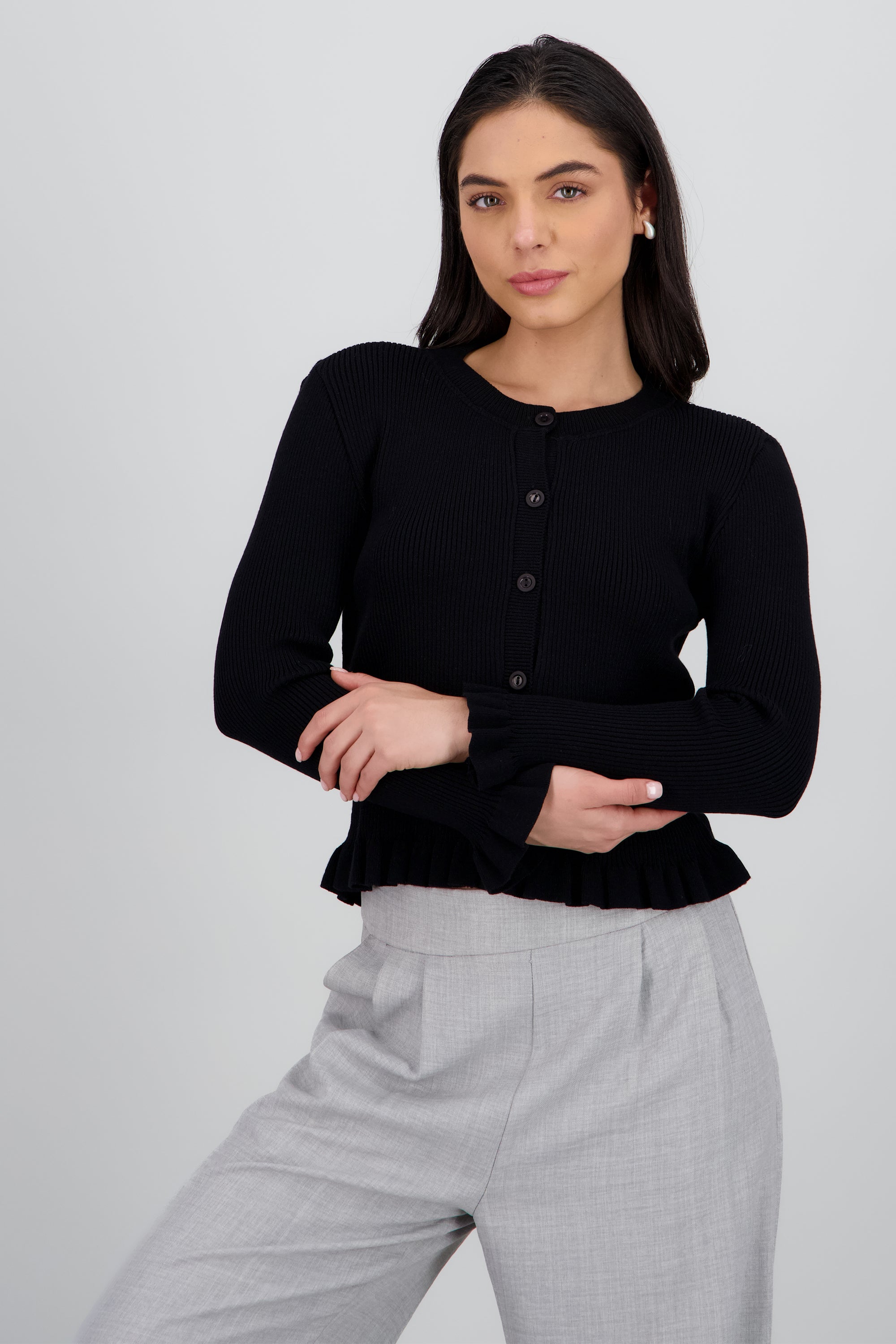 Cardigan acanalado detalle olanes NEGRO