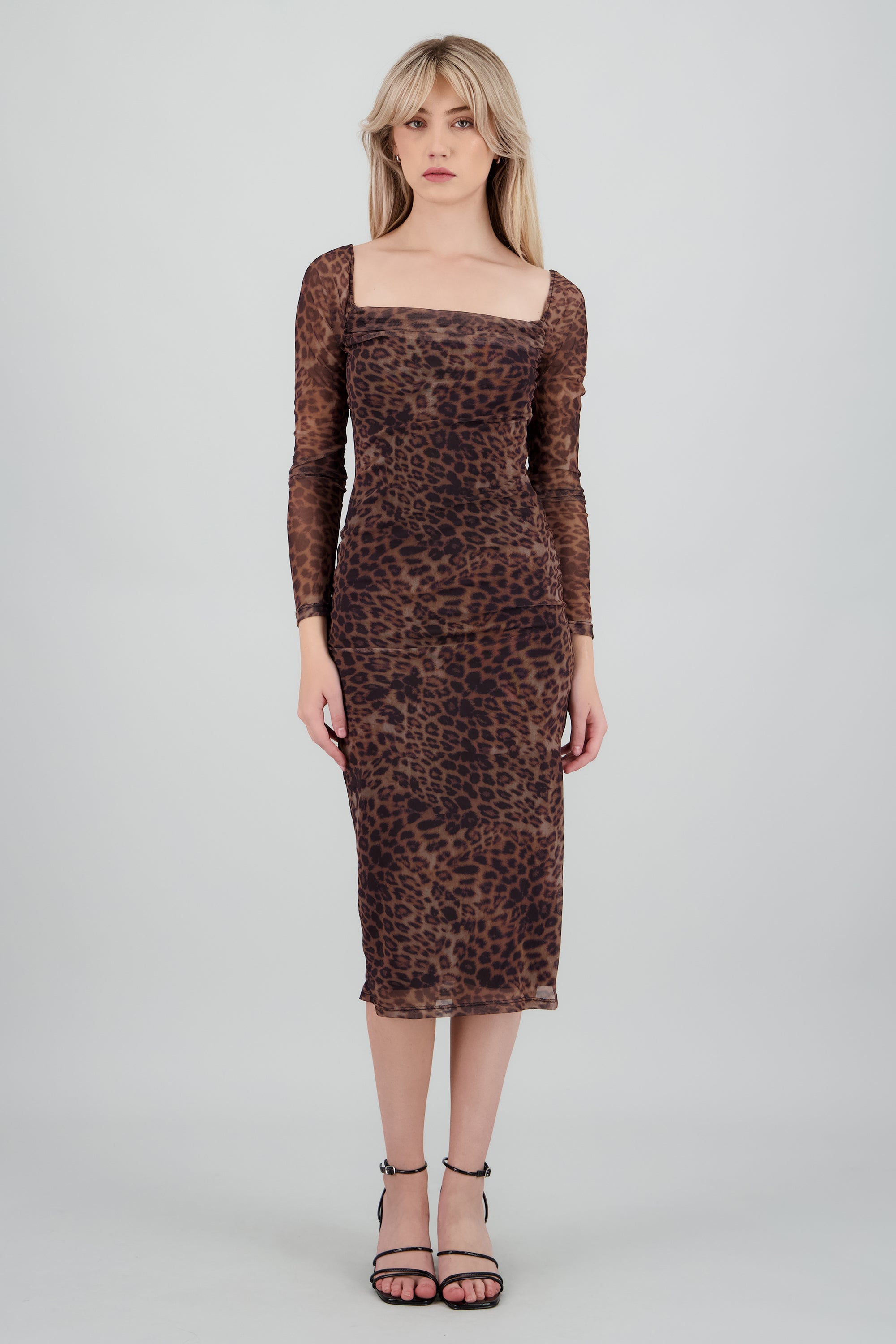 Vestido midi manga larga animal print CAFE COMBO