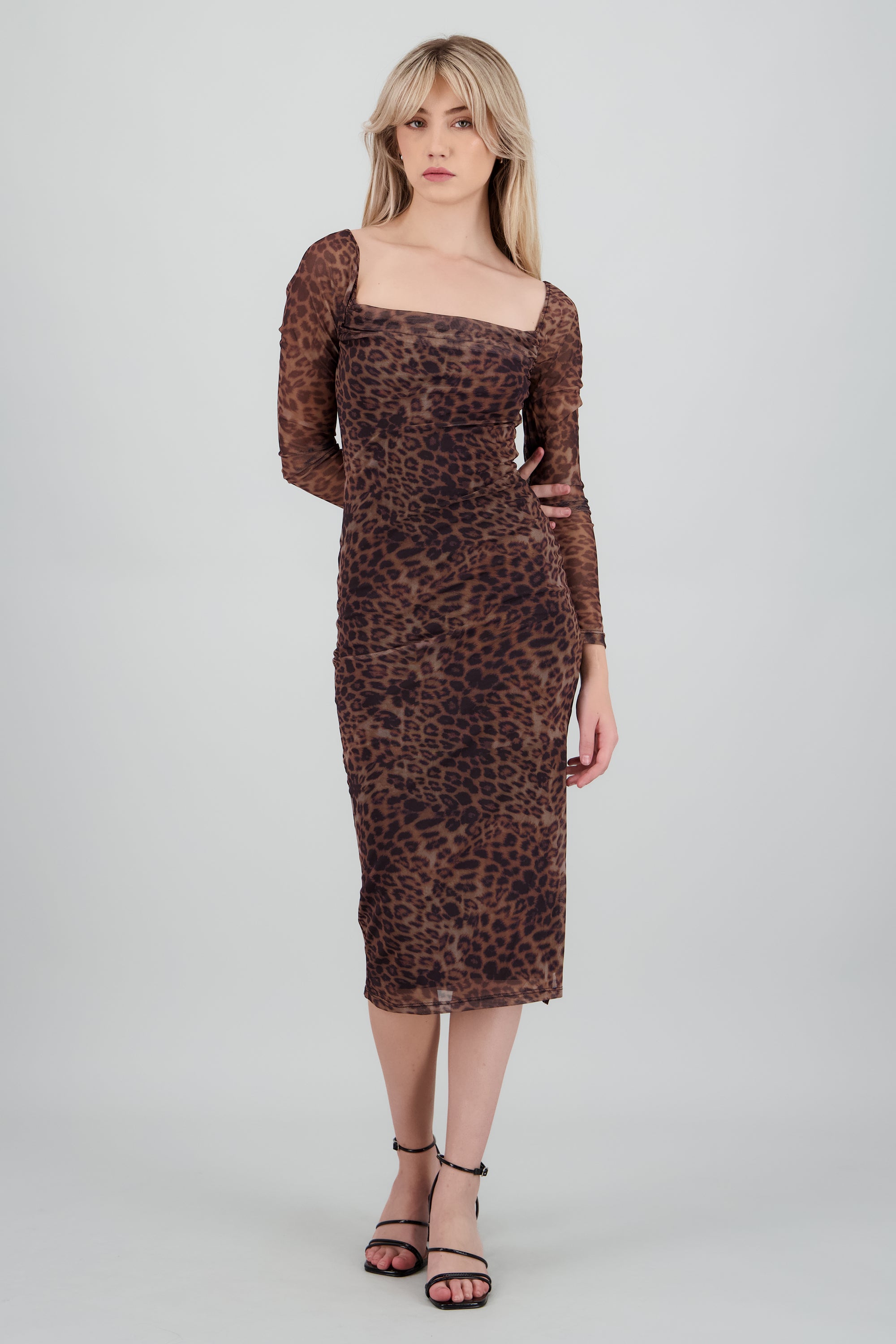 Vestido midi manga larga animal print CAFE COMBO