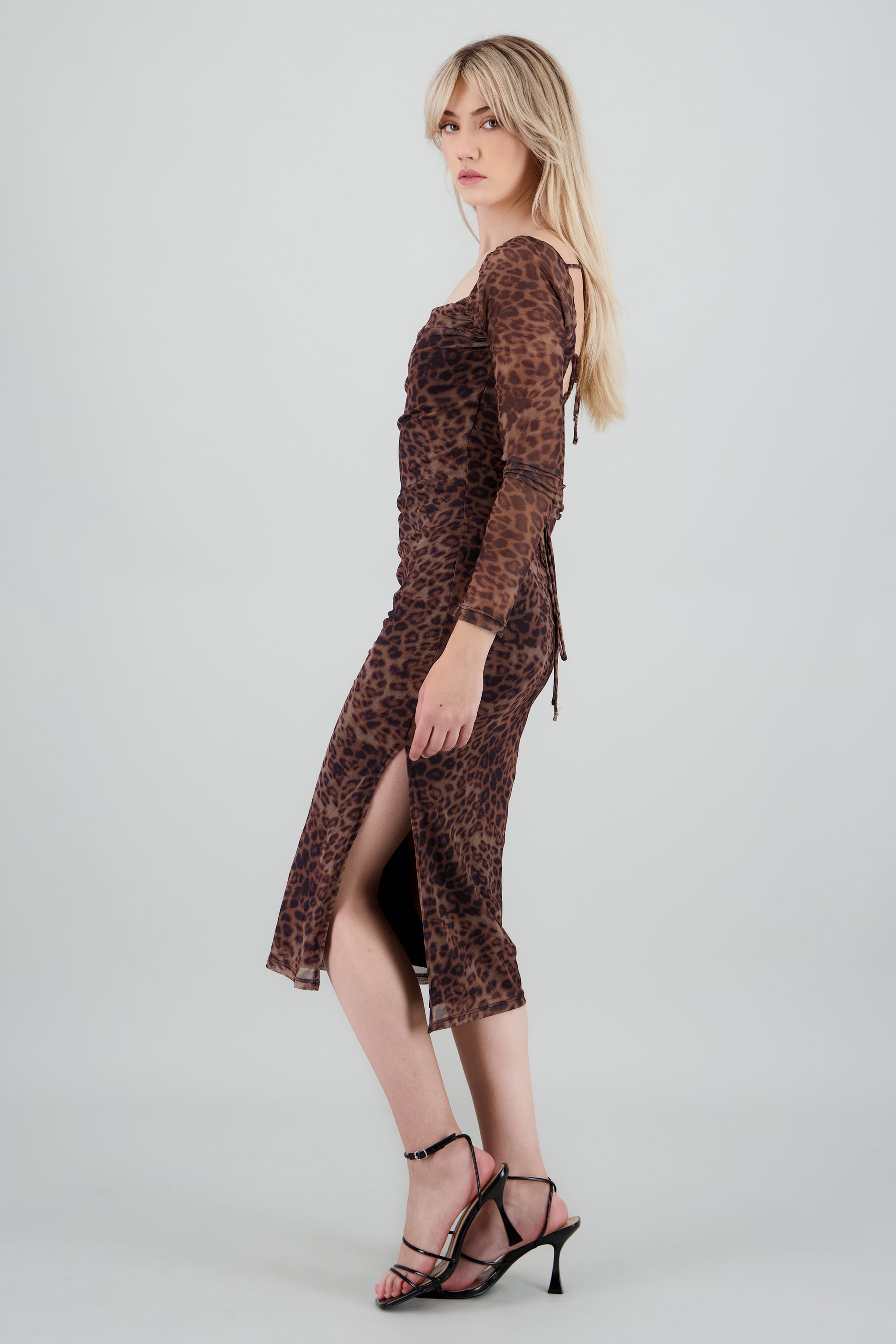 Vestido midi manga larga animal print CAFE COMBO