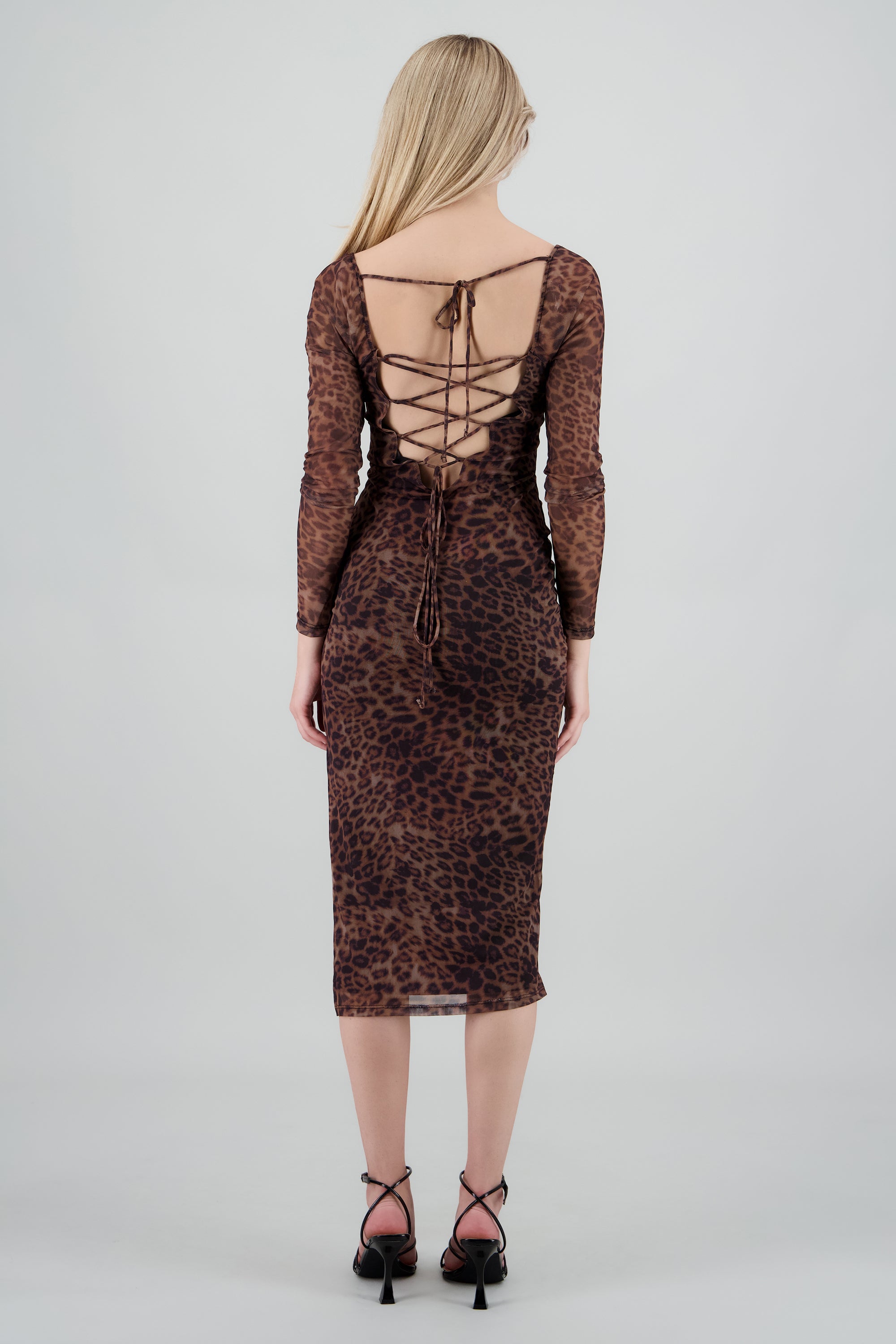 Vestido midi manga larga animal print CAFE COMBO