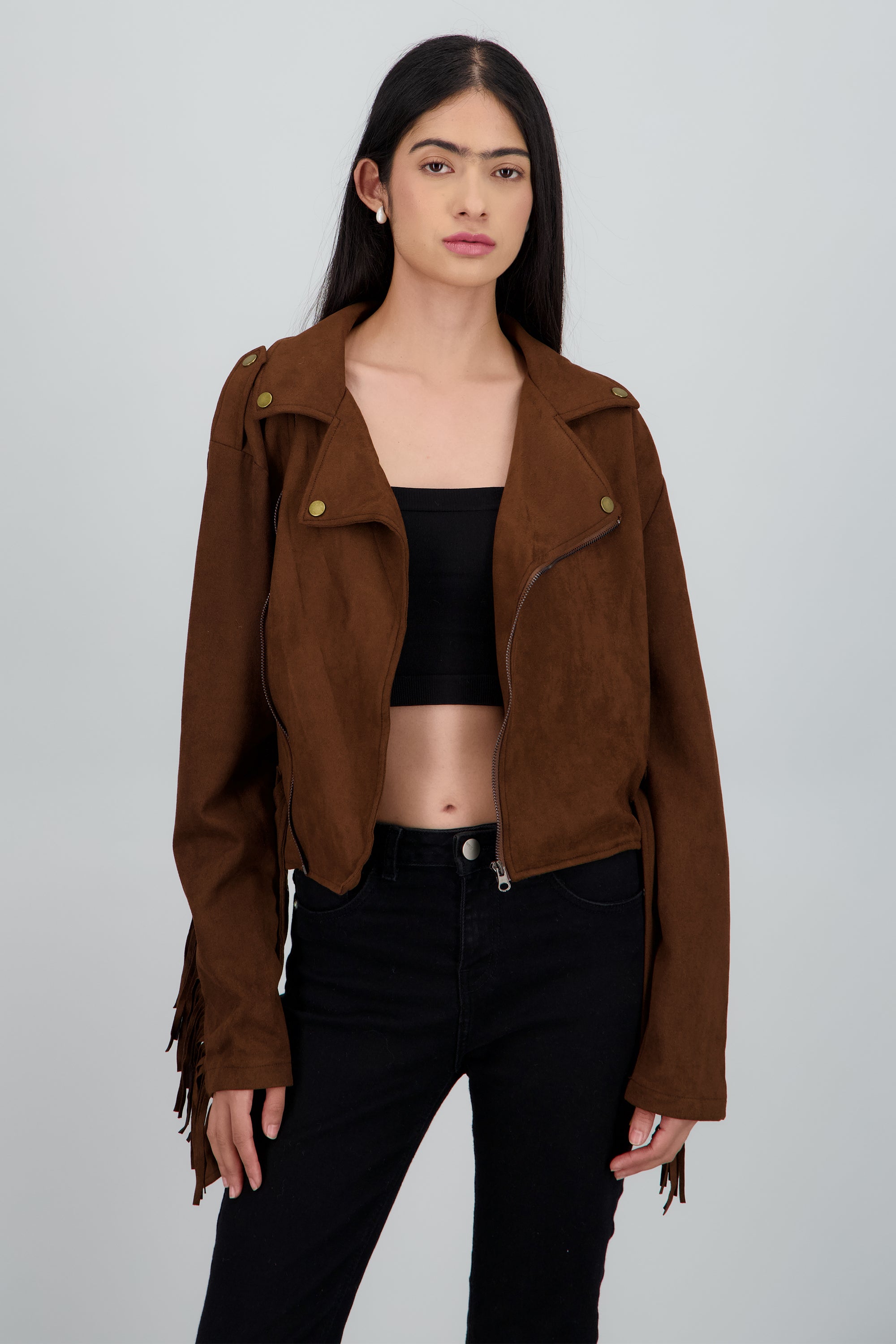 Chamarra biker flecos suede CHOCOLATE