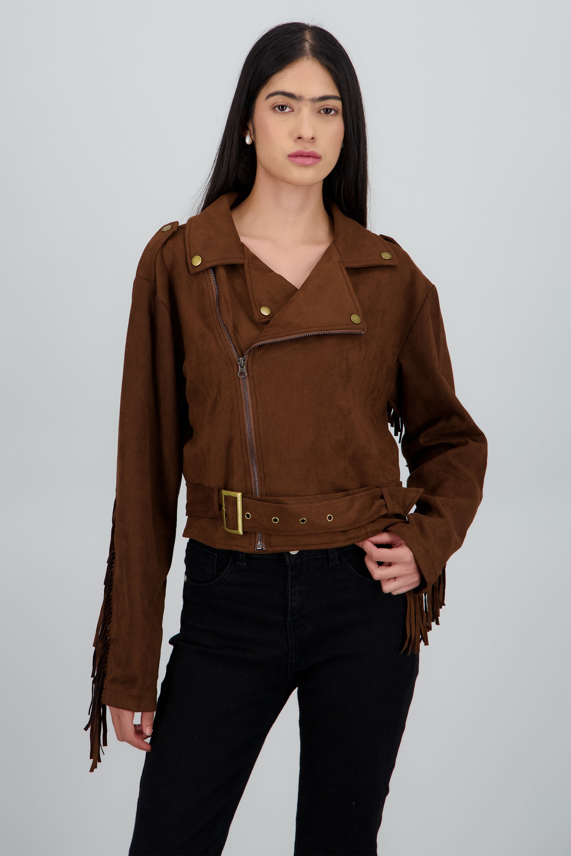 Chamarra biker flecos suede CHOCOLATE
