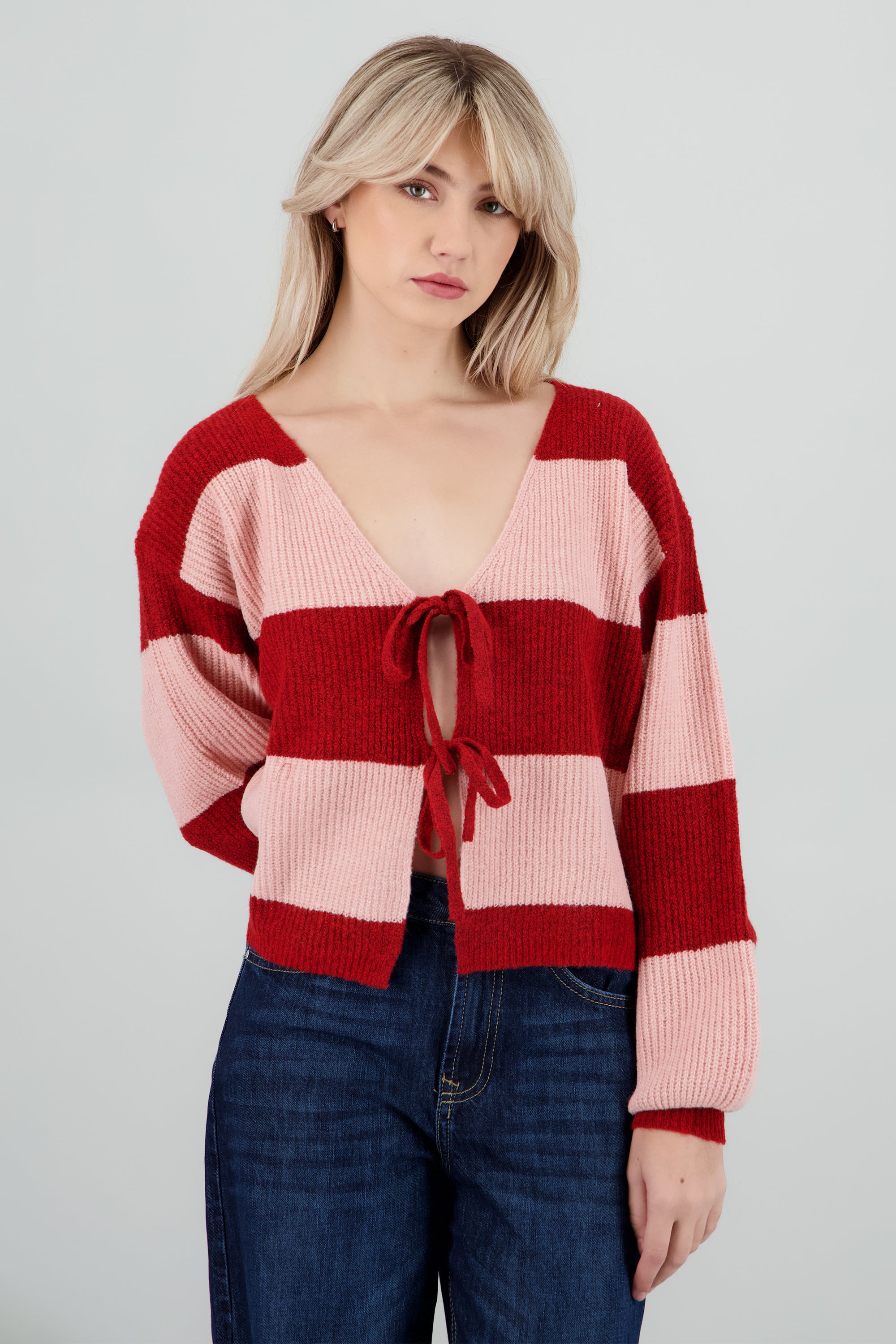 Cardigan rayas con lazos ROSA COMBO