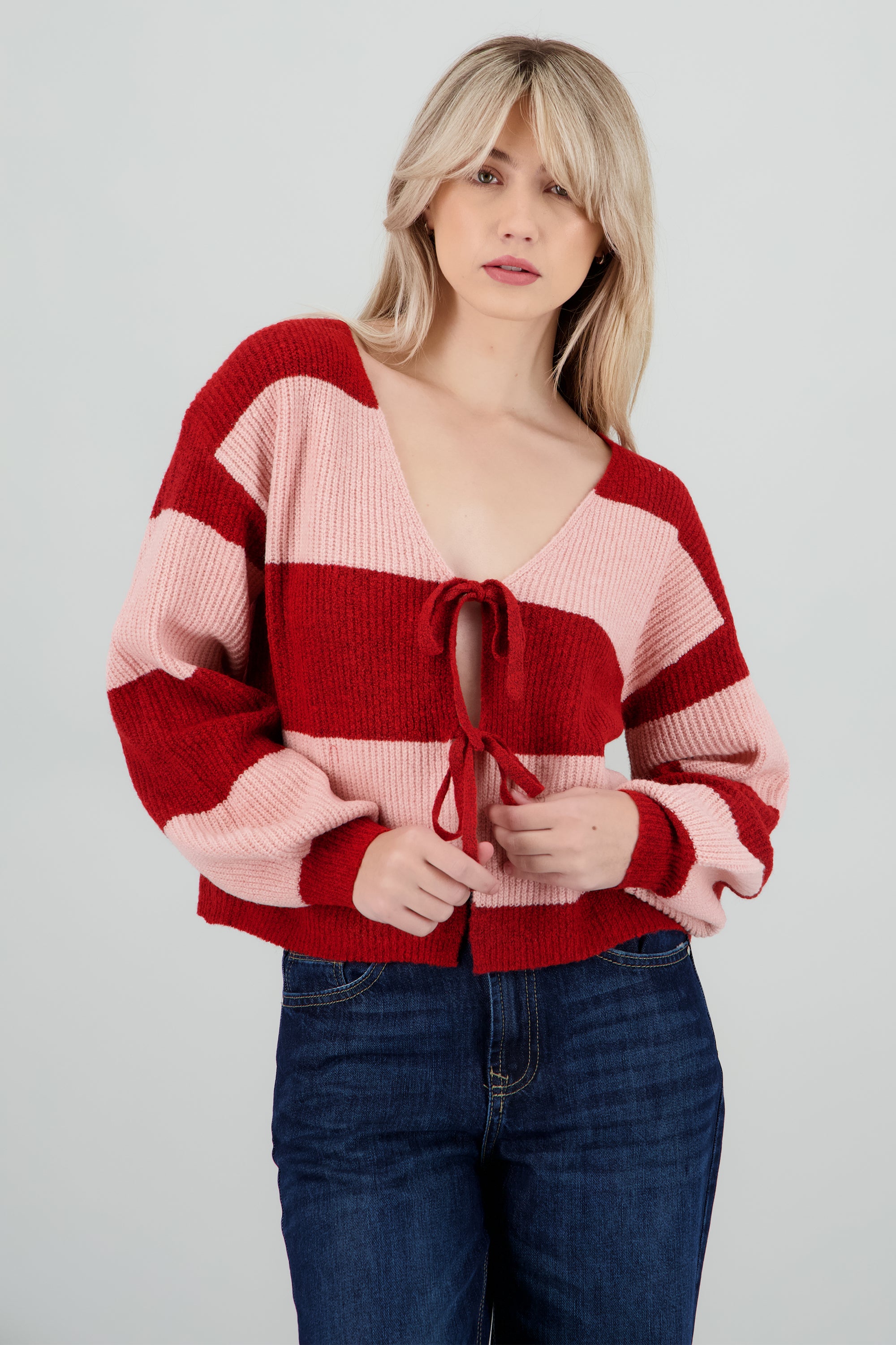 Cardigan rayas con lazos ROSA COMBO