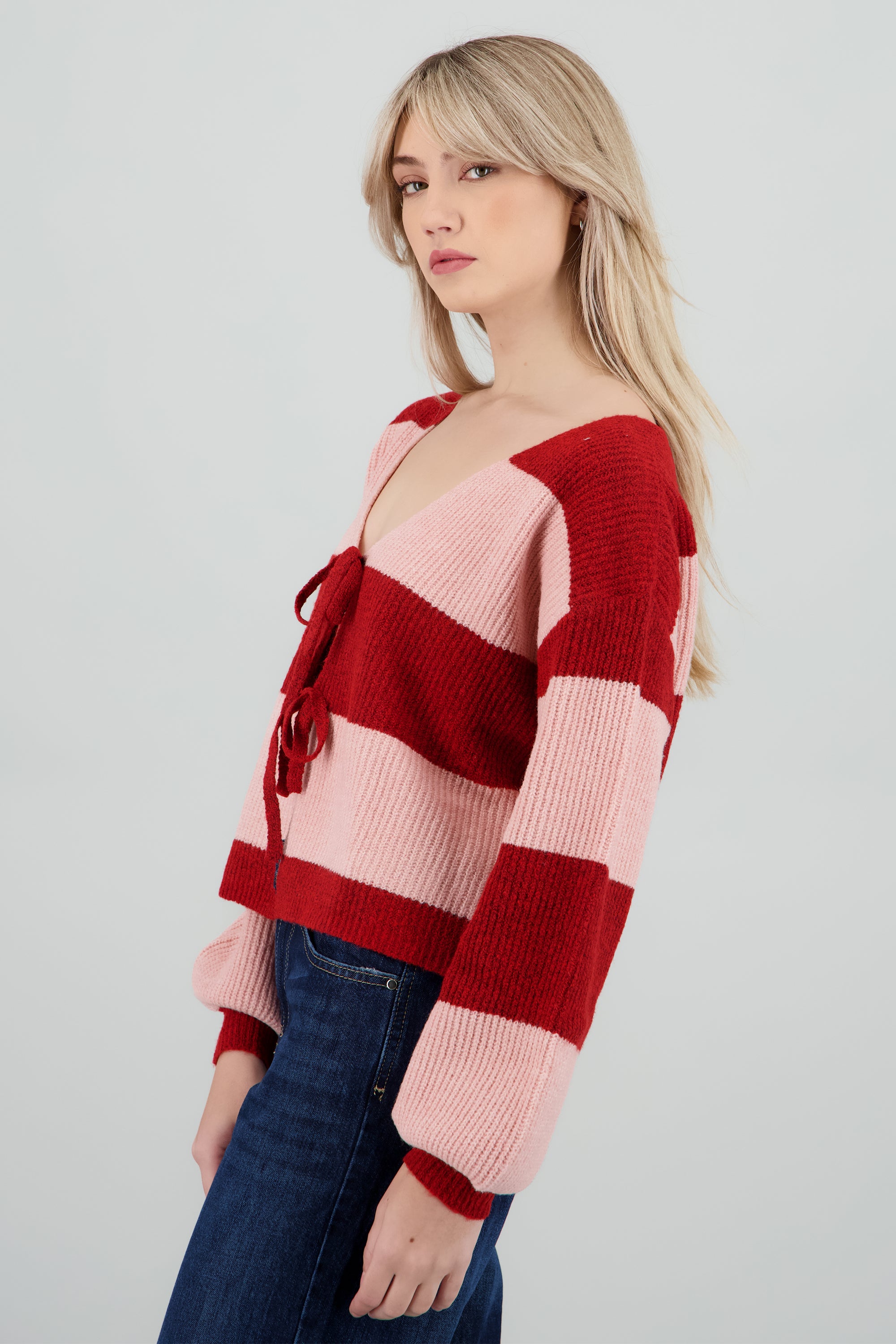 Cardigan rayas con lazos ROSA COMBO