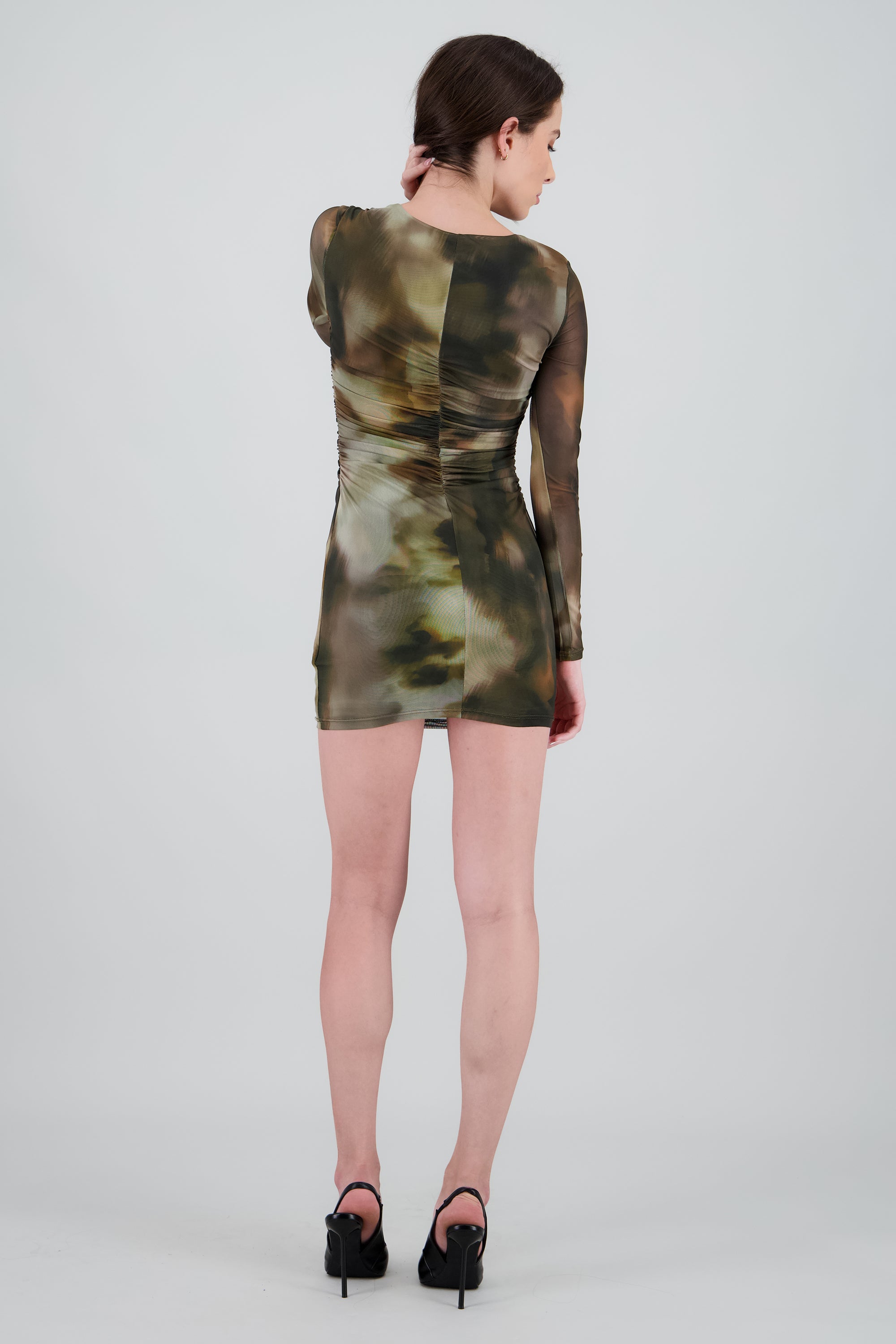 Mini vestido mesh estampado manga larga OLIVO COMBO