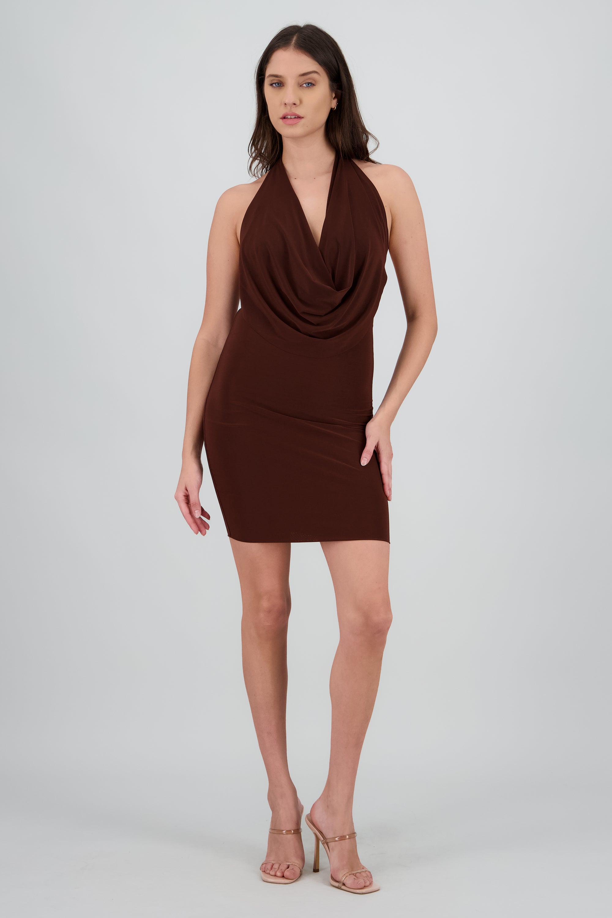 Vestido escote cascada CHOCOLATE